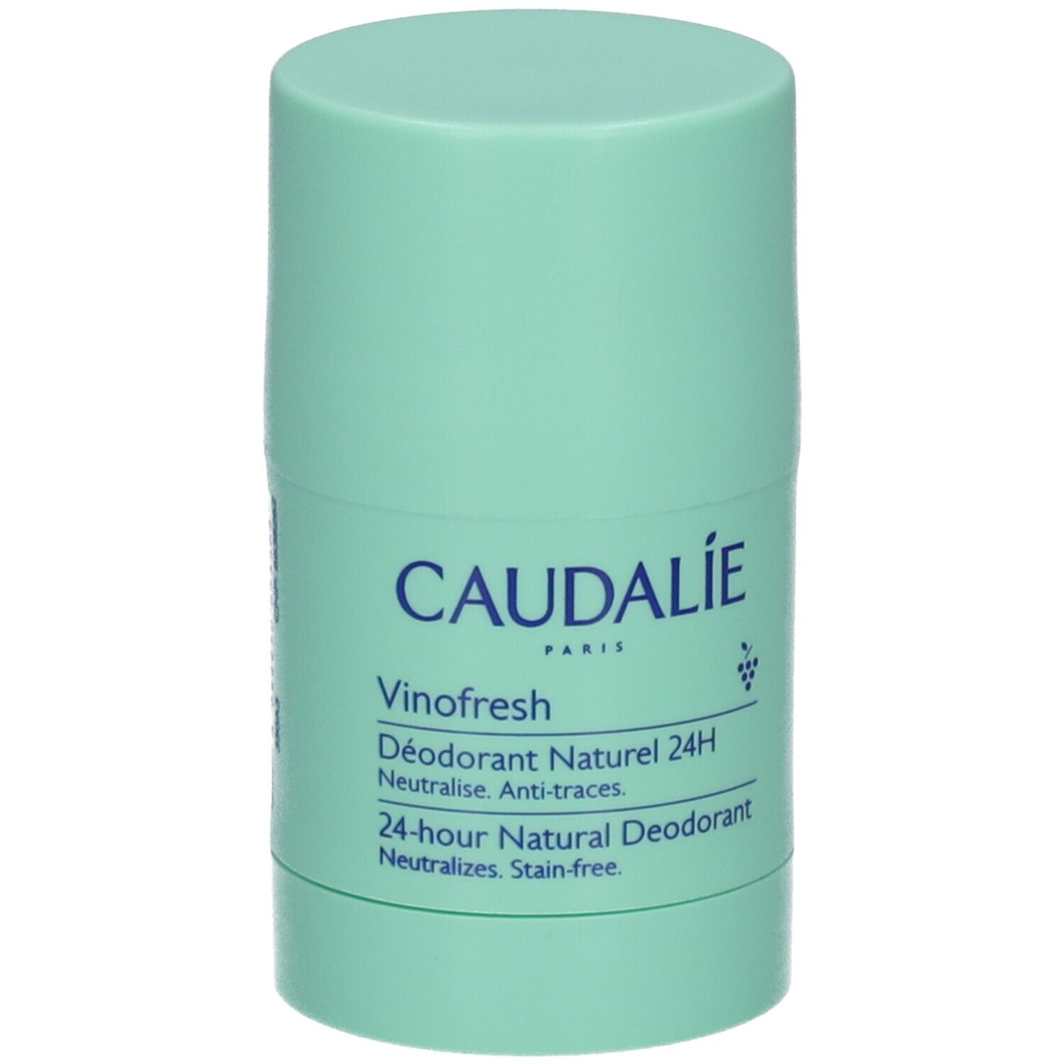 Zylindrischer Deostift in Mintgrün. Aufschrift: CAUDALIE, Vinofresh, 24H Natural Deodorant. Neutralisiert, ohne Flecken.