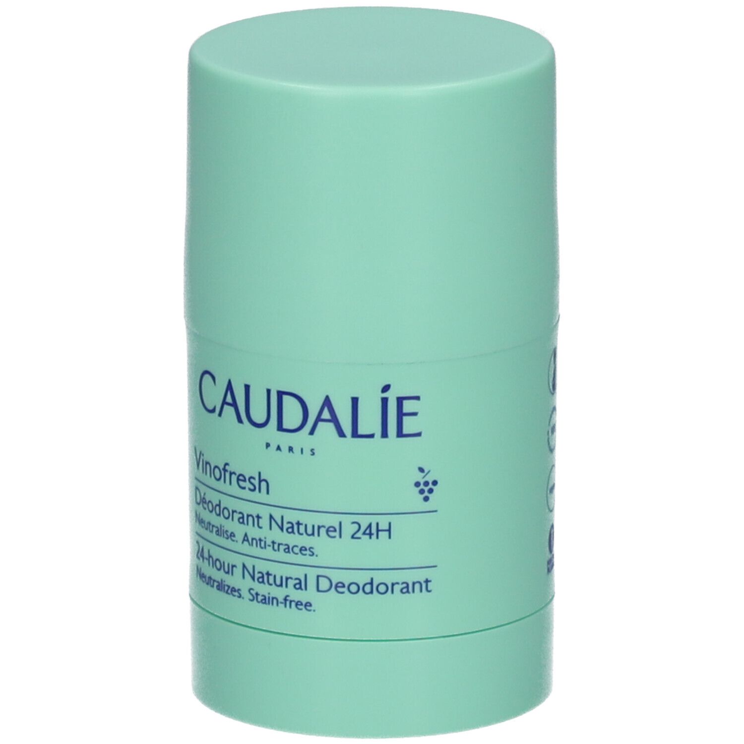 Zylindrischer Deostift in Mintgrün. Aufschrift: CAUDALIE, Vinofresh, 24H Natural Deodorant. Neutralisiert, ohne Flecken.