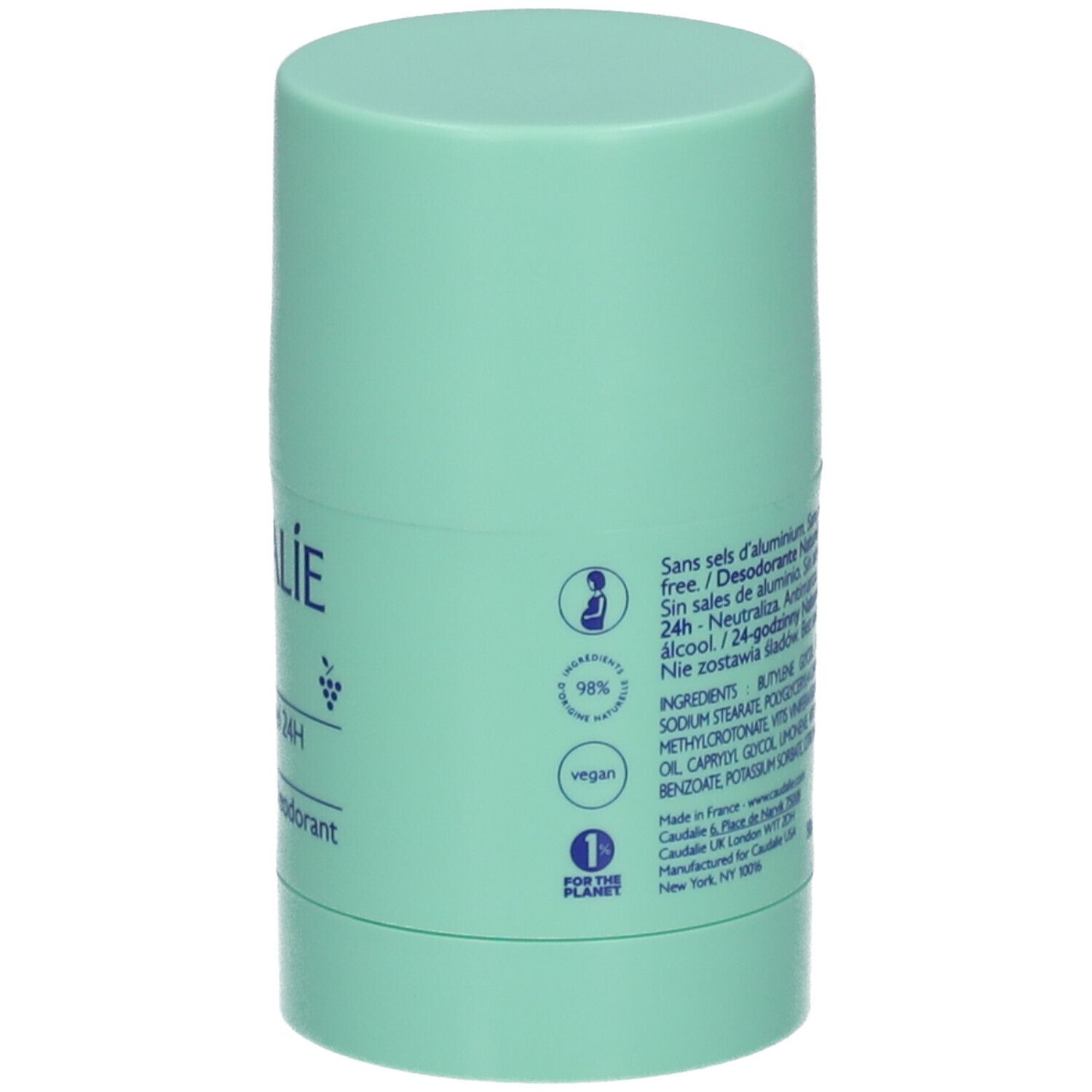 Deostift, mintgrün. Aufschrift: CAUDALIE, Vinofresh, 24H Natural Deodorant. Vegan, 98% Inhaltsstoffe natürlichen Ursprungs.