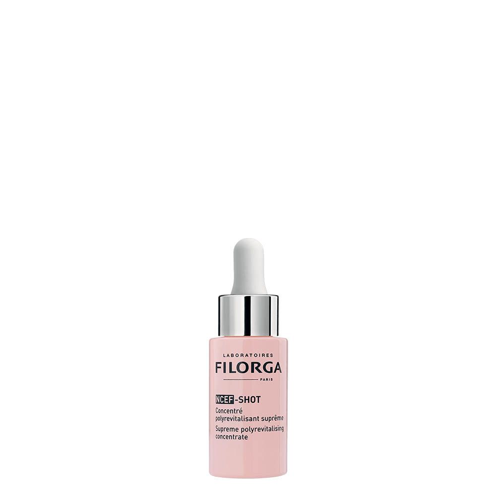 Rosa Flasche mit Pipette. Aufschrift: FILORGA, NCEF-SHOT, Konzentrat. Produkt für die Haut.