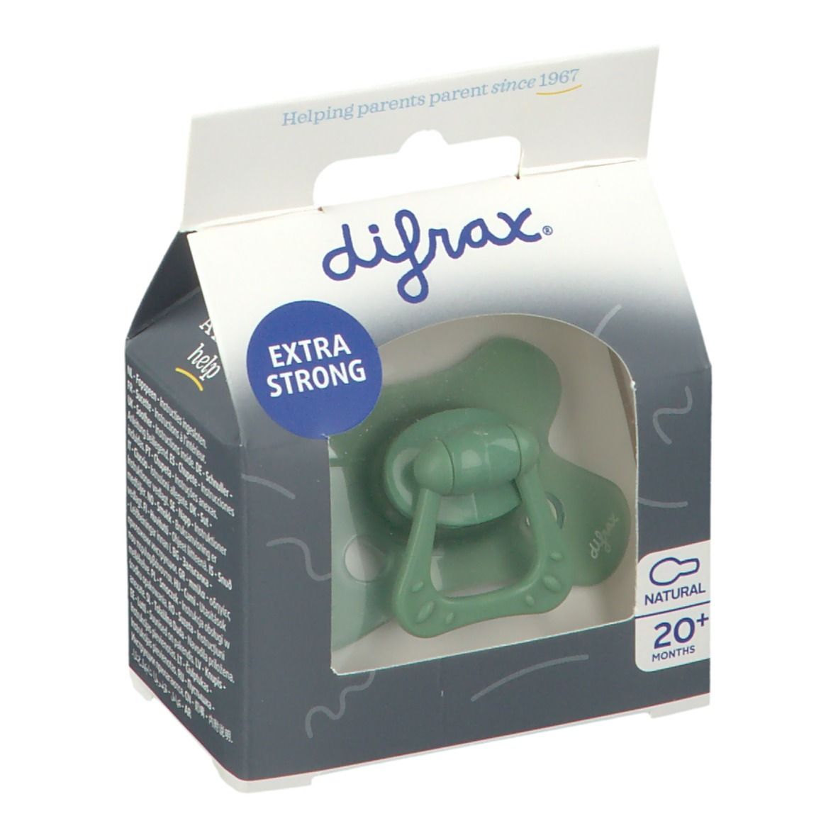 Verpackung mit grünem Schnuller. Auf der Verpackung steht difrax, EXTRA STRONG und NATURAL 20+ Monate.