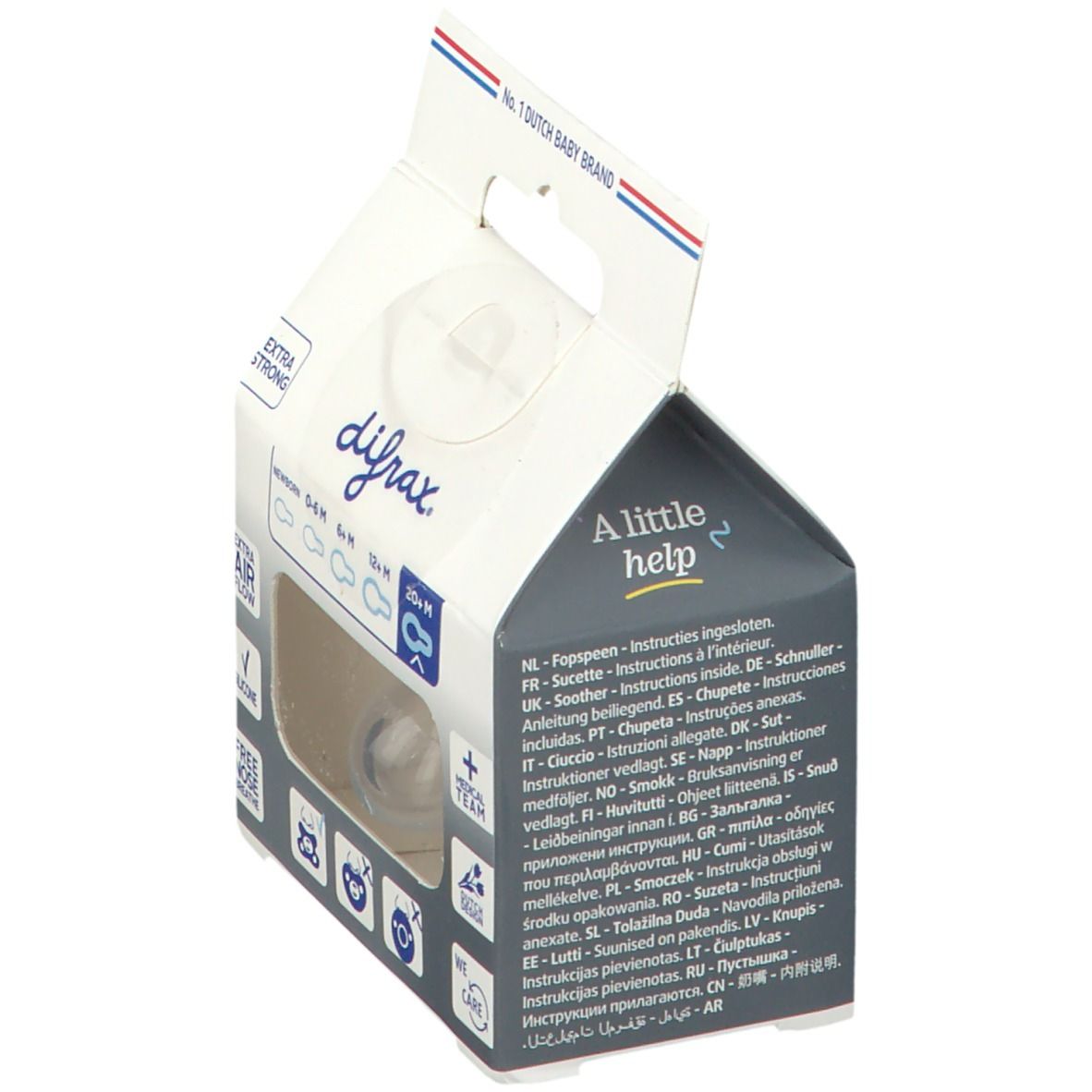 Verpackung mit Schnuller. Auf der Verpackung steht difrax, und Informationen in verschiedenen Sprachen.
