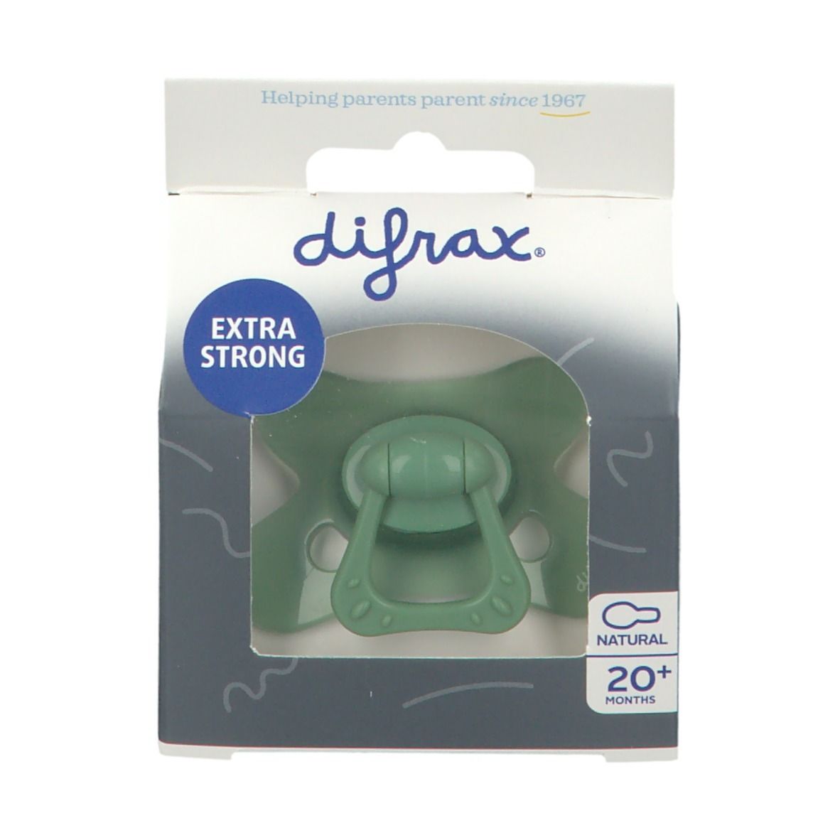 Verpackung mit grünem Schnuller. Auf der Verpackung steht difrax, EXTRA STRONG und NATURAL 20+ Monate.