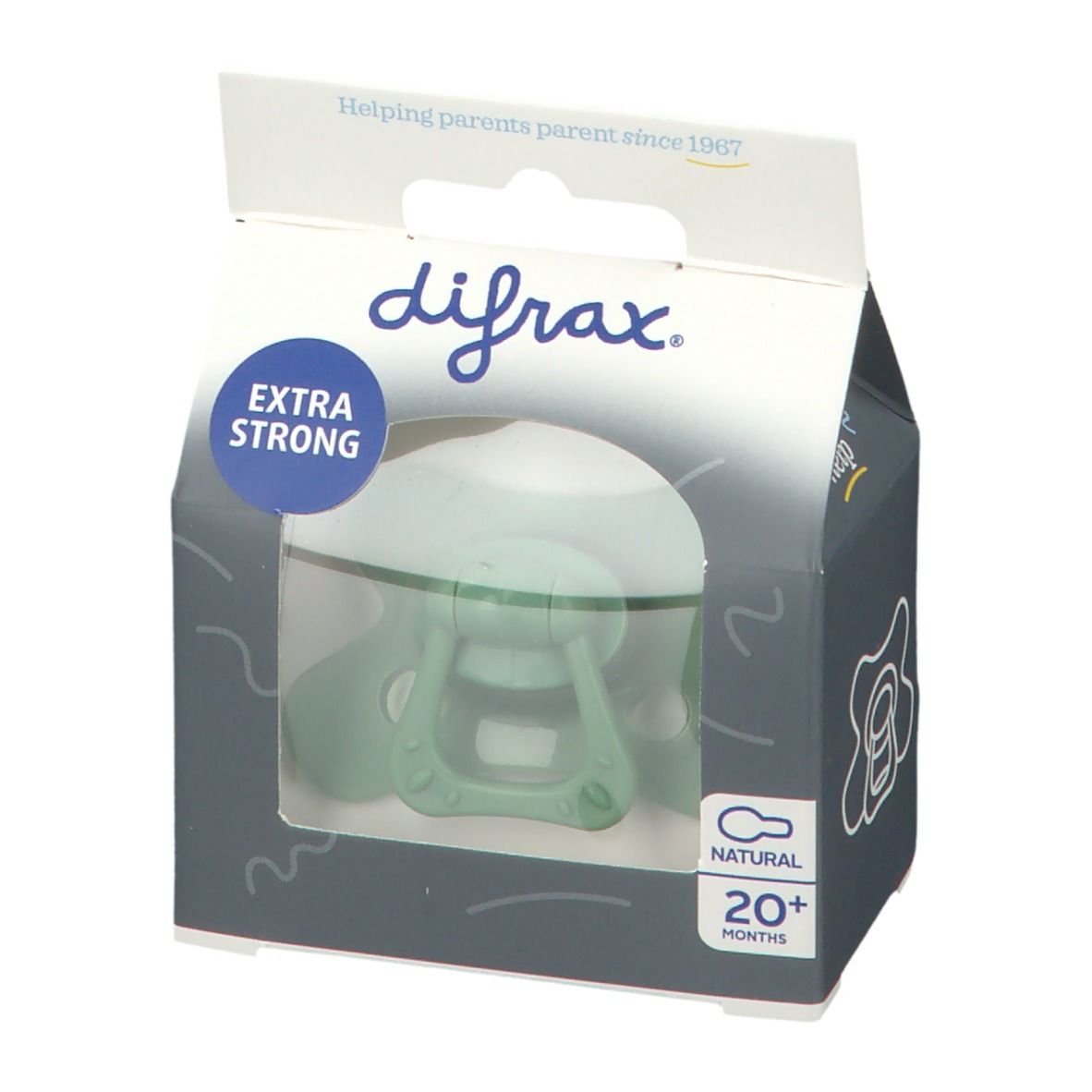 Verpackung mit grünem Schnuller. Auf der Verpackung steht difrax, EXTRA STRONG und NATURAL 20+ Monate.