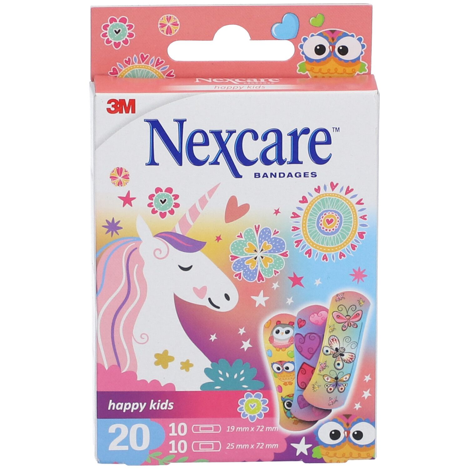 Verpackung von Nexcare happy kids Pflaster. Enthält 20 Pflaster, 10x19mm und 10x25mm. Mit Einhorn-Motiv.