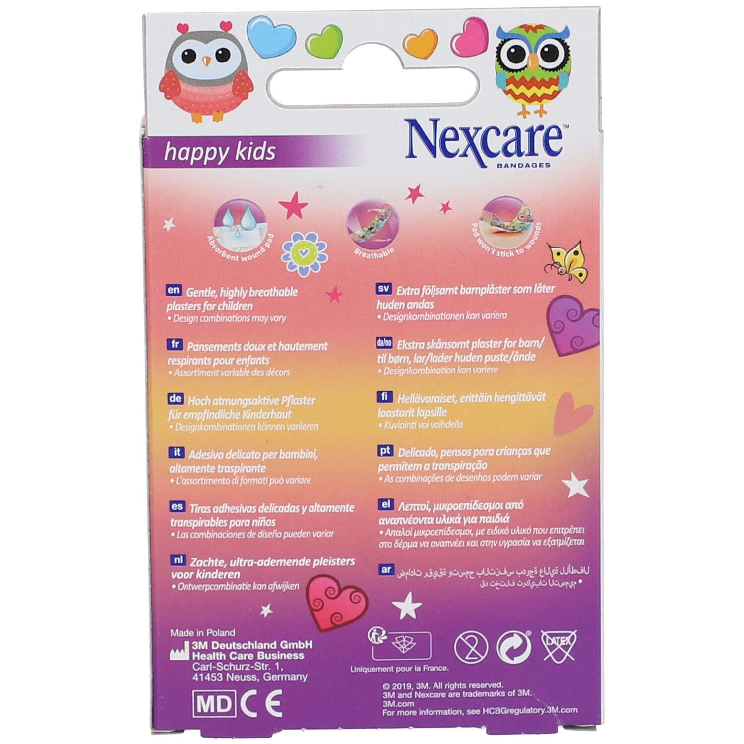Rückseite der Nexcare happy kids Pflasterverpackung. Enthält Produktinformationen und Piktogramme.