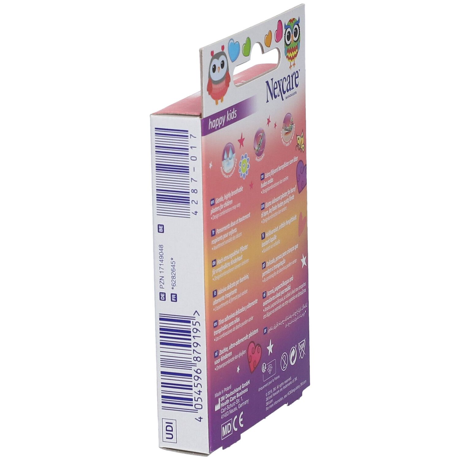 Seitenansicht der Nexcare happy kids Pflasterverpackung. Mit Produktinformationen und UDI-Code.