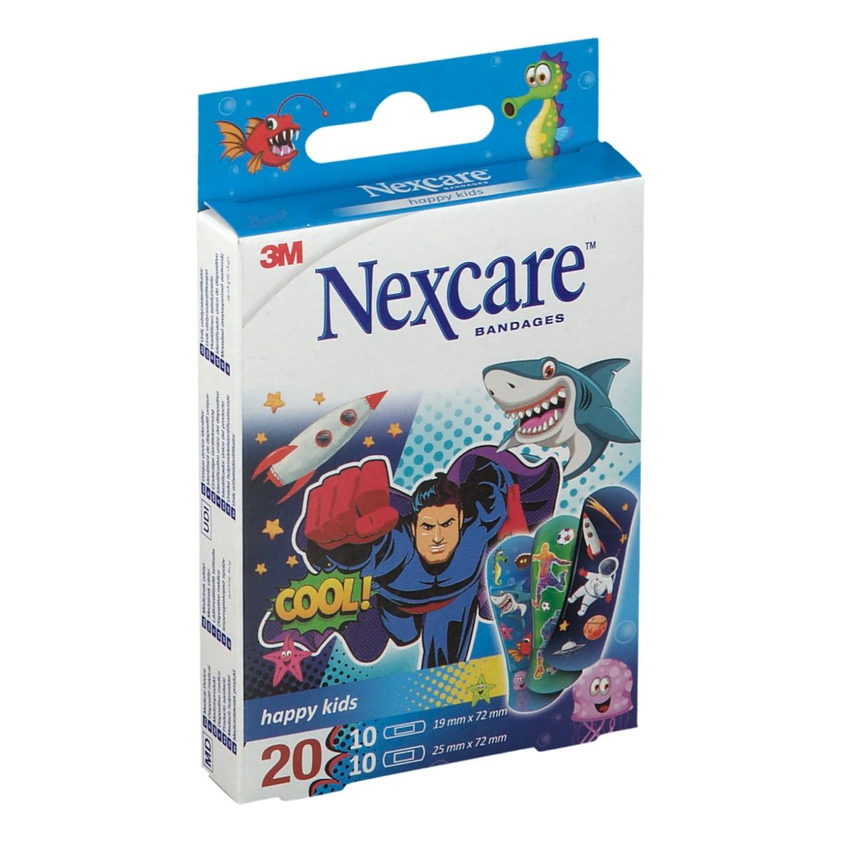 Rückseite der Verpackung mit Produktinformationen. Texte in mehreren Sprachen. Marke Nexcare, happy kids.