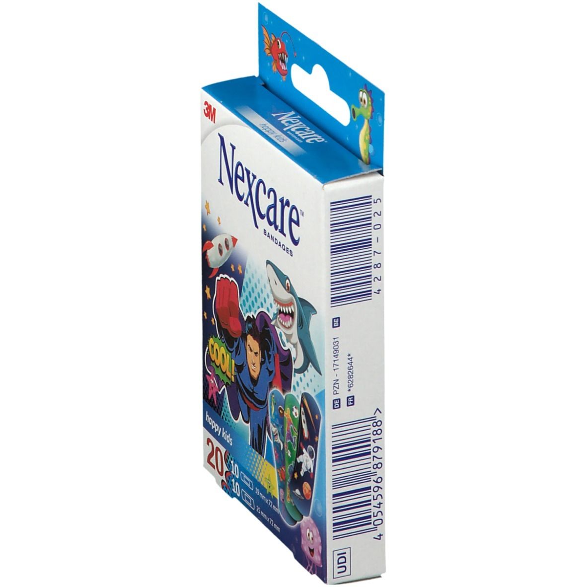 Rückseite der Verpackung mit Produktinformationen. Texte in mehreren Sprachen. Marke Nexcare, happy kids.