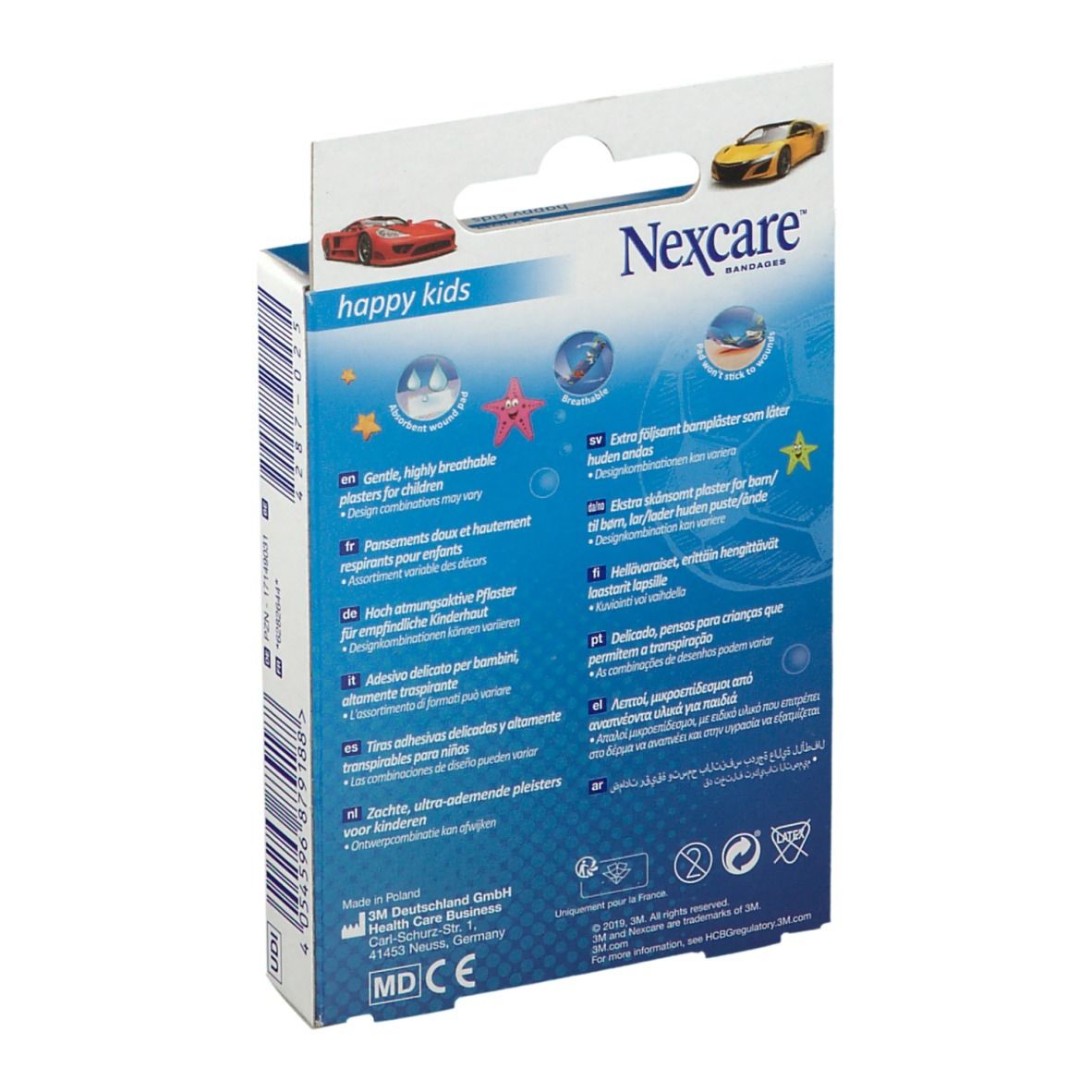 Verpackung mit 20 Pflastern. Marke Nexcare, Aufdruck Superhelden. 10 Pflaster 19x72mm, 10 Pflaster 25x72mm.