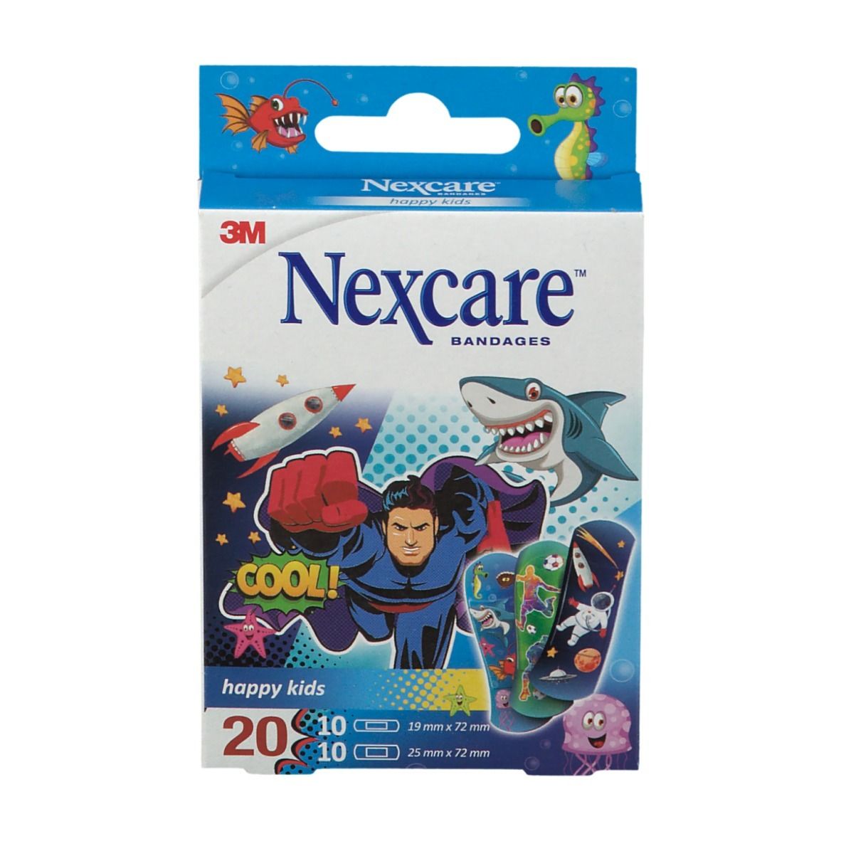 Verpackung mit 20 Pflastern. Marke Nexcare, Aufdruck Superhelden. 10 Pflaster 19x72mm, 10 Pflaster 25x72mm.