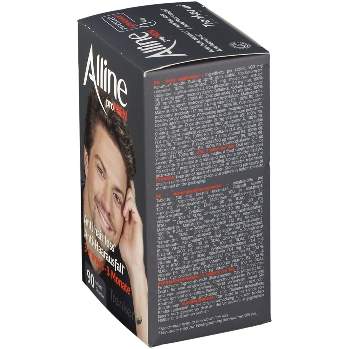 Mann mit Alline proMen Packung, Hand im Haar.