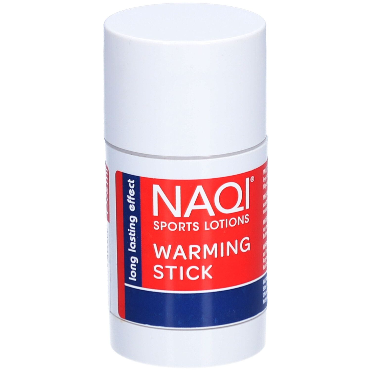 Zylindrischer, weißer Stick mit rotem Etikett. Aufschrift: NAQI SPORTS LOTIONS, WARMING STICK. Blaue und weiße Akzente.