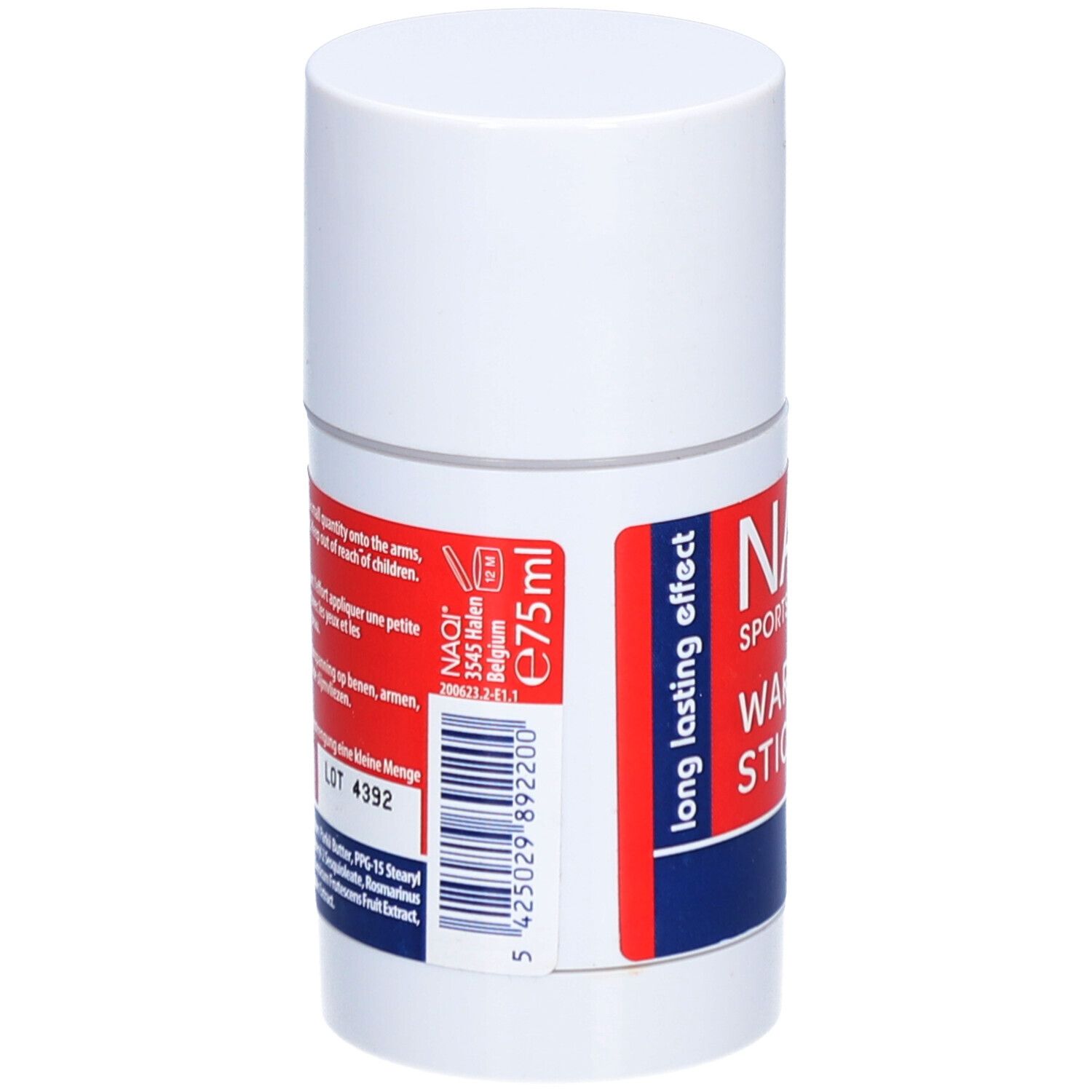 Weißer, zylindrischer Stick mit rotem Etikett. Aufschrift: NAQI SPORTS LOTIONS, WARMING STICK. Enthält 75ml. Barcode.
