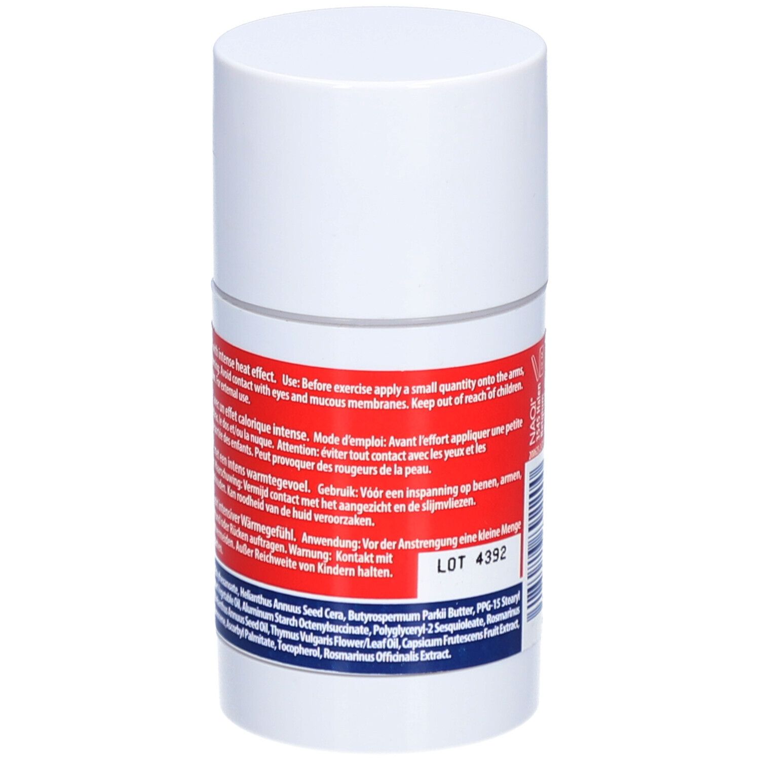 Weißer, zylindrischer Stick. Rückseite mit Text in mehreren Sprachen. Inhaltsstoffe und Anwendungshinweise.