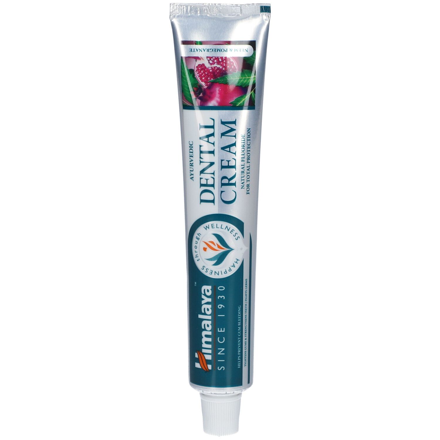 Zahncreme-Tube mit floralem Design. Aufschrift: Ayurvedic Dental Cream. Marke: Himalaya. Seit 1930.