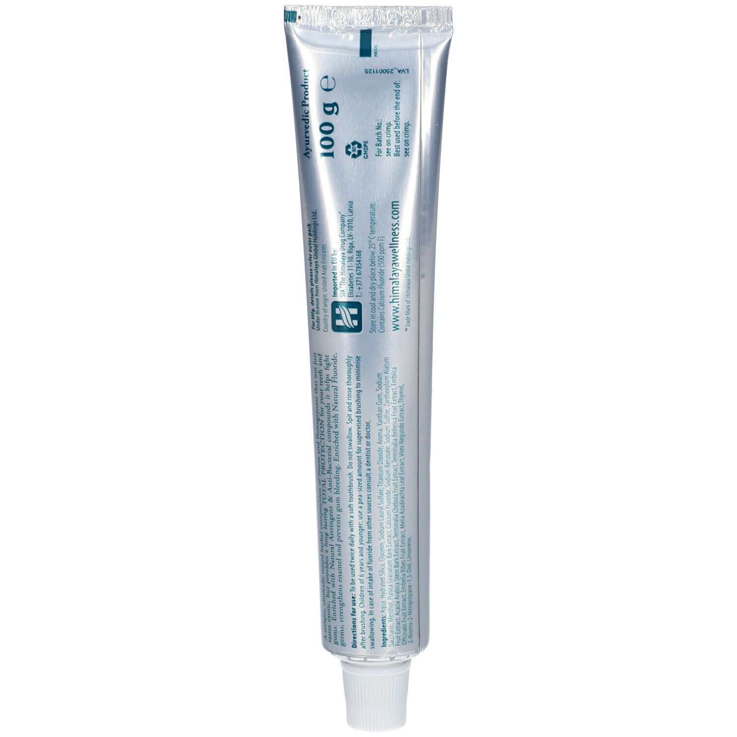 Rückseite der Zahncreme-Tube. Angaben zu Inhaltsstoffen und Hersteller. Gewicht: 100 g.