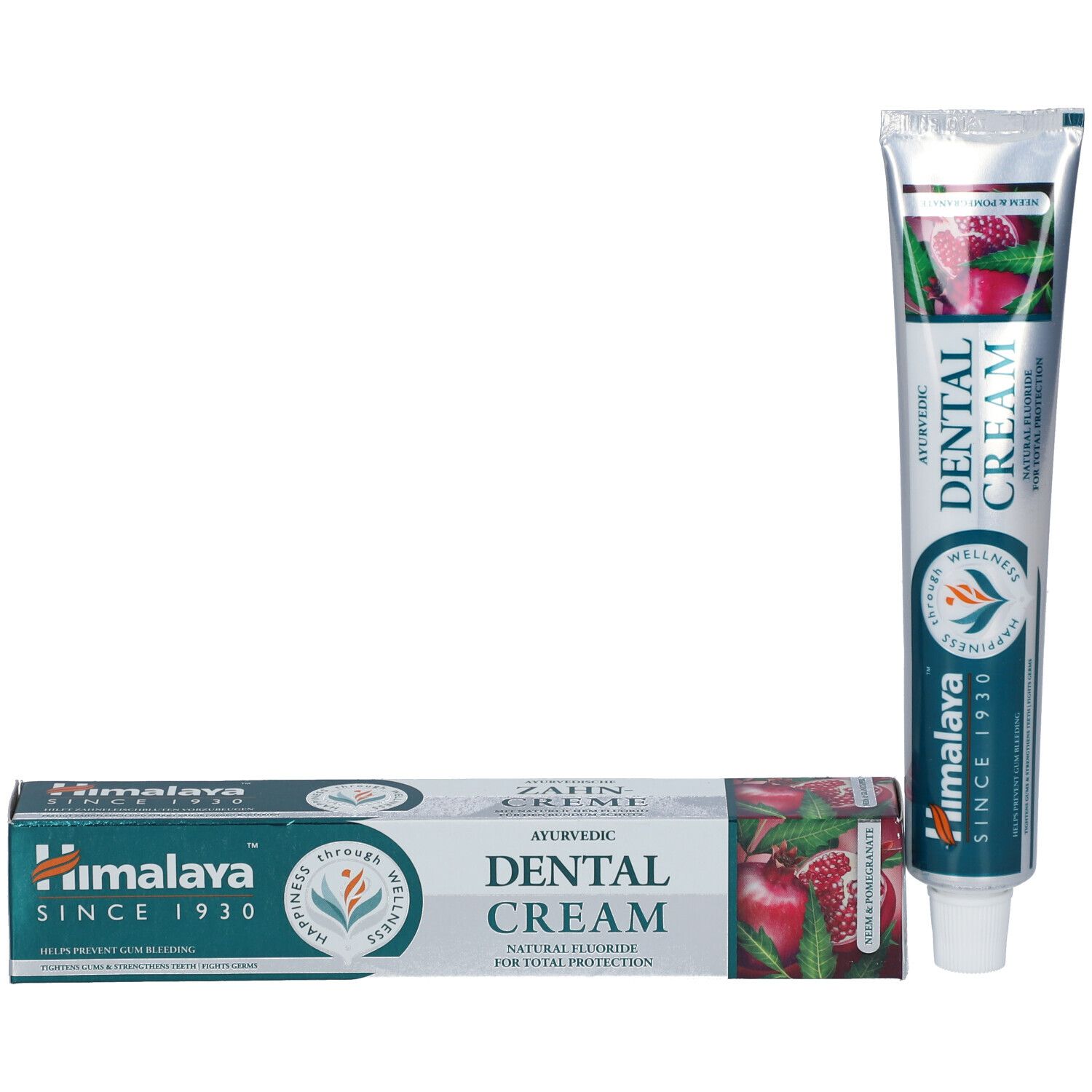 Zahncreme-Tube und -Verpackung. Aufschrift: Ayurvedic Dental Cream. Marke: Himalaya. Seit 1930.