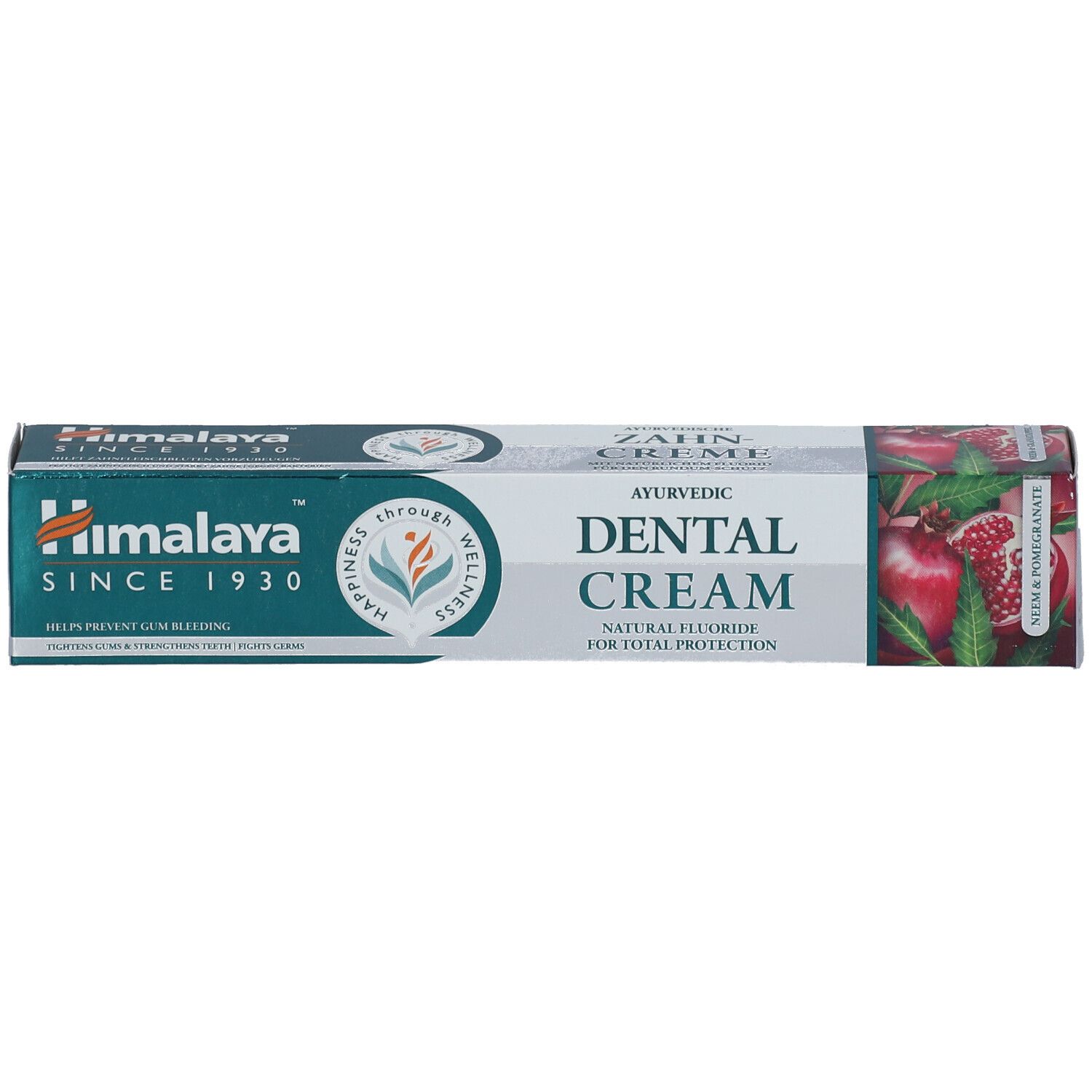 Zahncreme-Verpackung. Aufschrift: Ayurvedic Dental Cream. Marke: Himalaya. Seit 1930.