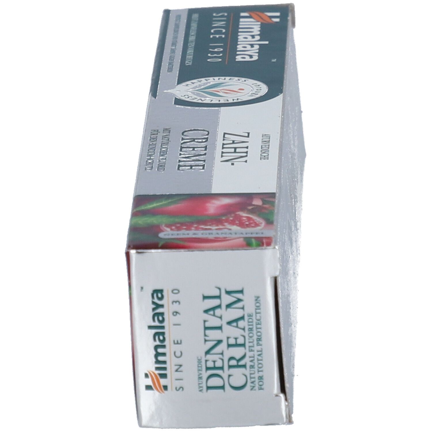 Zahncreme-Verpackung, schräg. Aufschrift: Ayurvedic Dental Cream. Marke: Himalaya. Seit 1930.