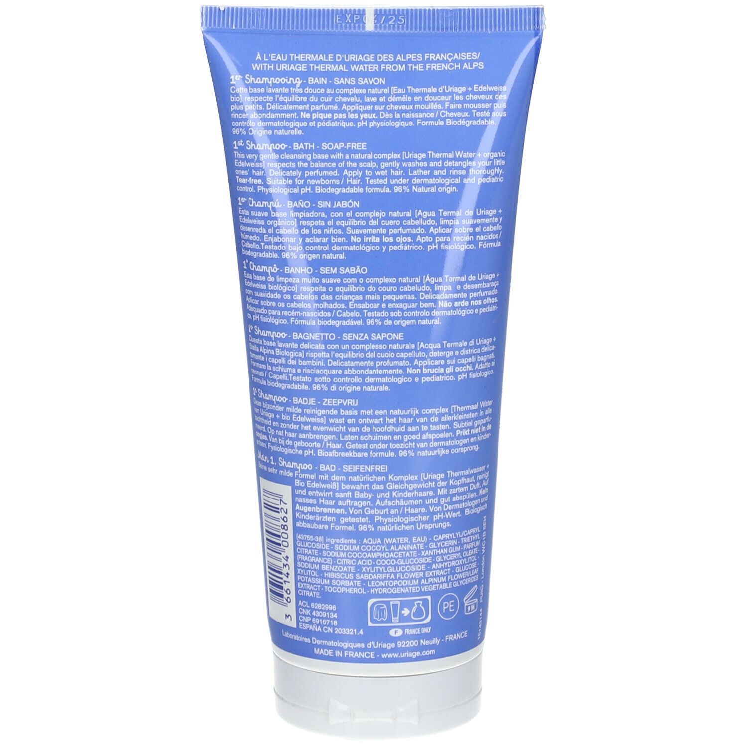 Rückseite der blauen Tube. Mehrsprachiger Text, darunter "1er Shampooing" und Informationen zu Inhaltsstoffen und Zertifizierungen.