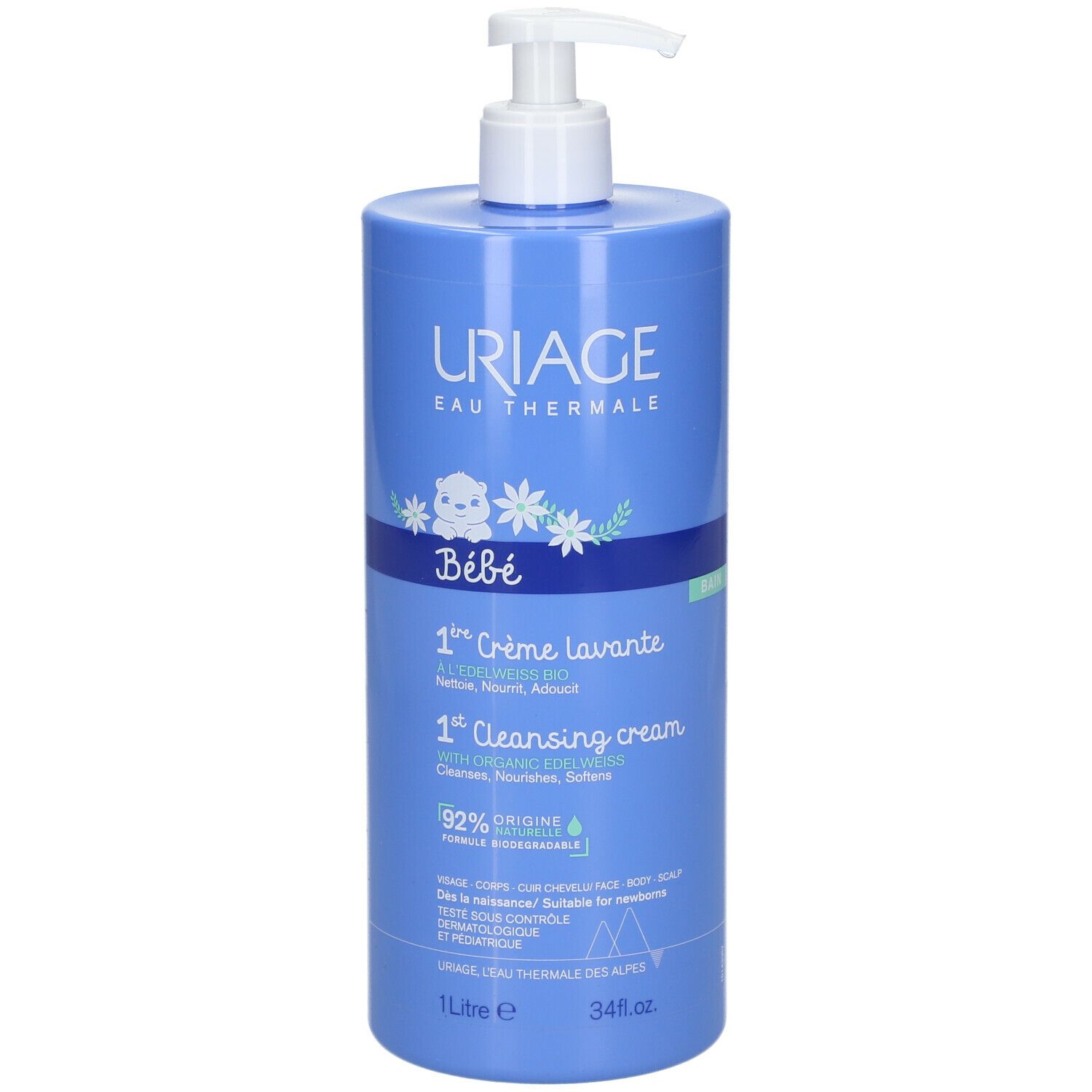 Blaue Flasche mit Pumpe. URIAGE Eau Thermale Bébé 1ère Crème Lavante. 1 Liter.