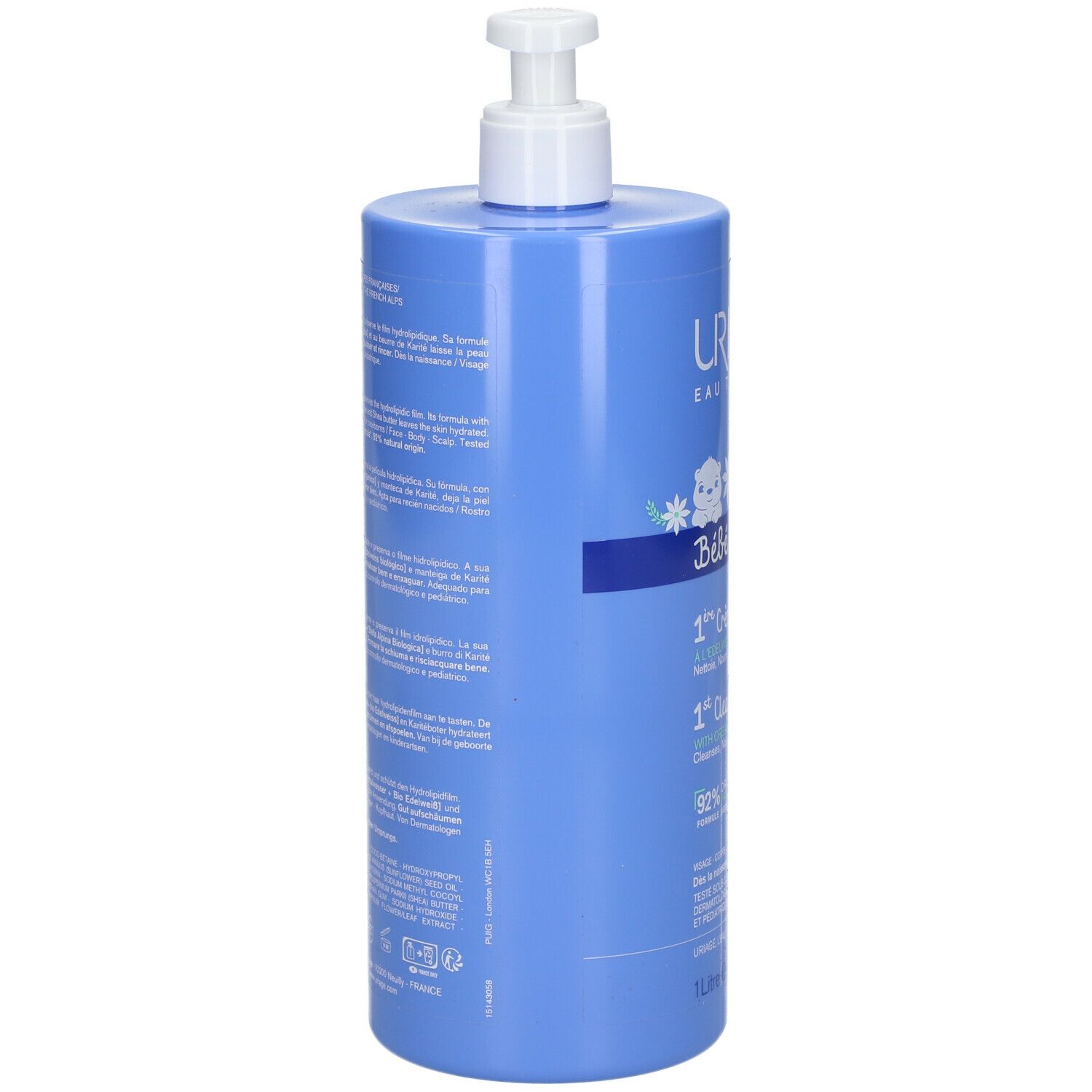 Rückseite der blauen Flasche. Textinformationen. URIAGE Eau Thermale Bébé 1ère Crème Lavante.
