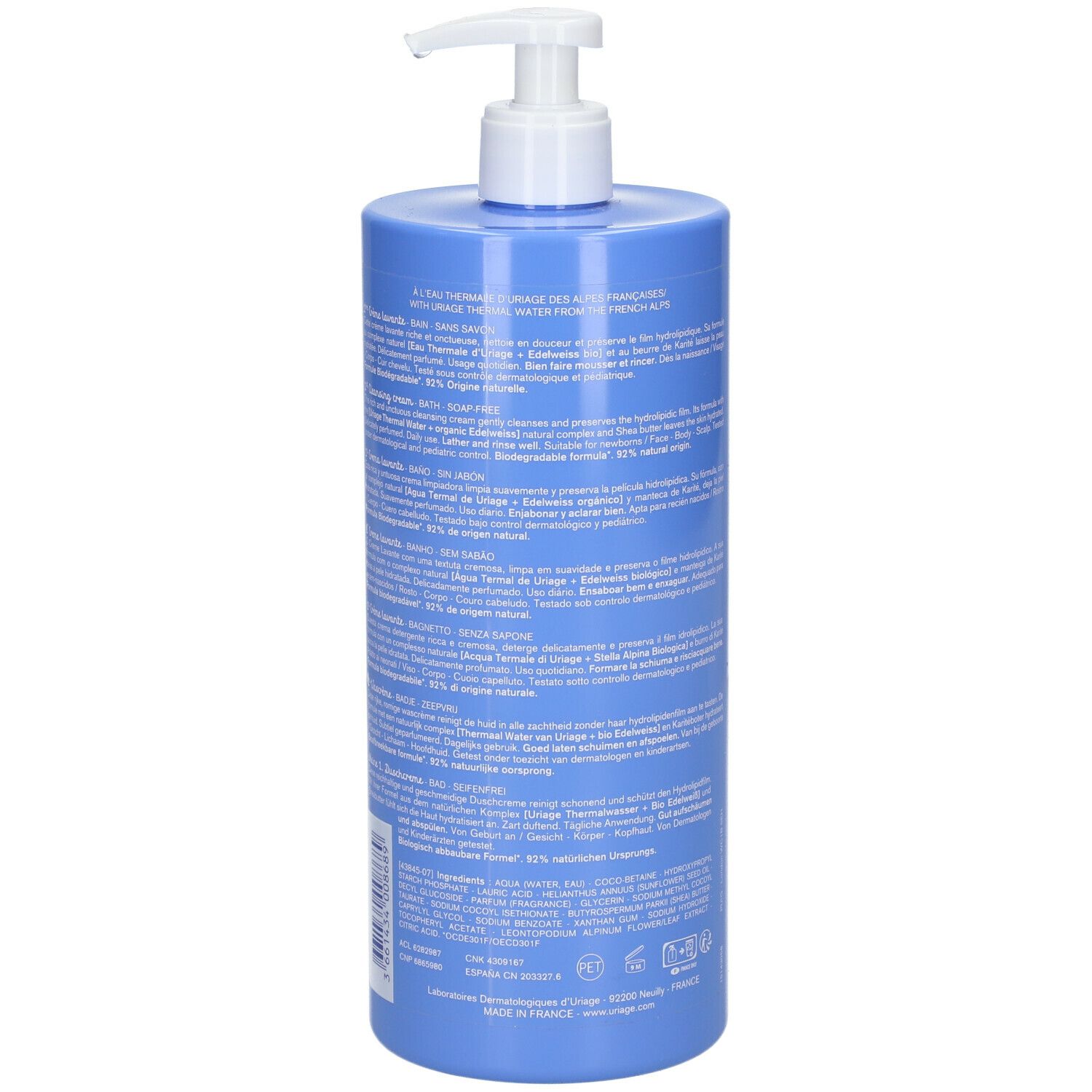 Rückseite der blauen Flasche. Textinformationen. URIAGE Eau Thermale Bébé 1ère Crème Lavante.