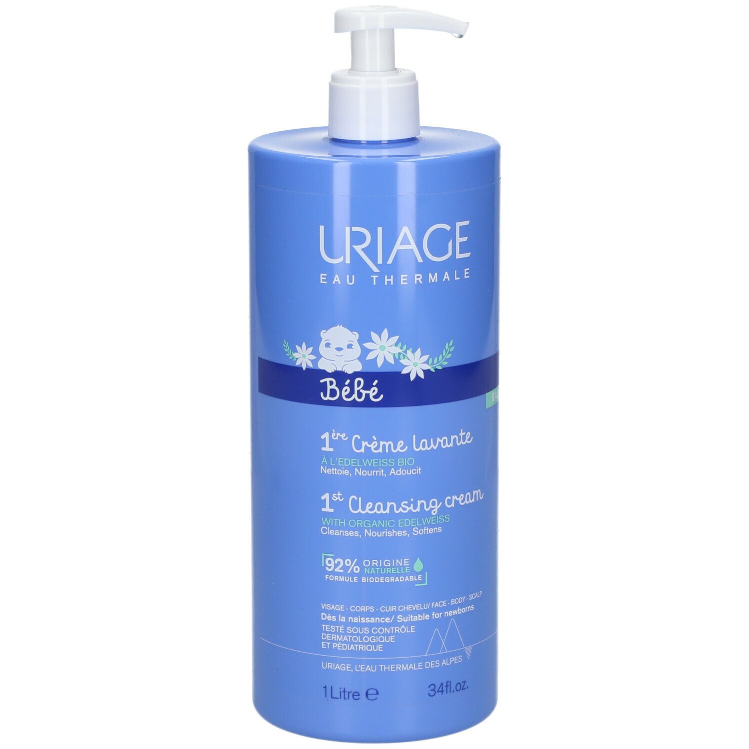 Blaue Flasche mit Pumpe. URIAGE Eau Thermale Bébé 1ère Crème Lavante. 1 Liter.