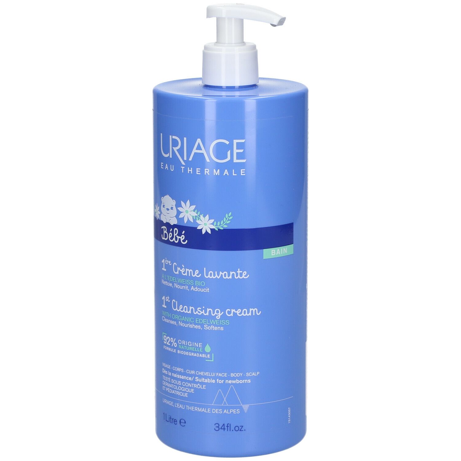 Blaue Flasche mit Pumpe. URIAGE Eau Thermale Bébé 1ère Crème Lavante. 1 Liter.