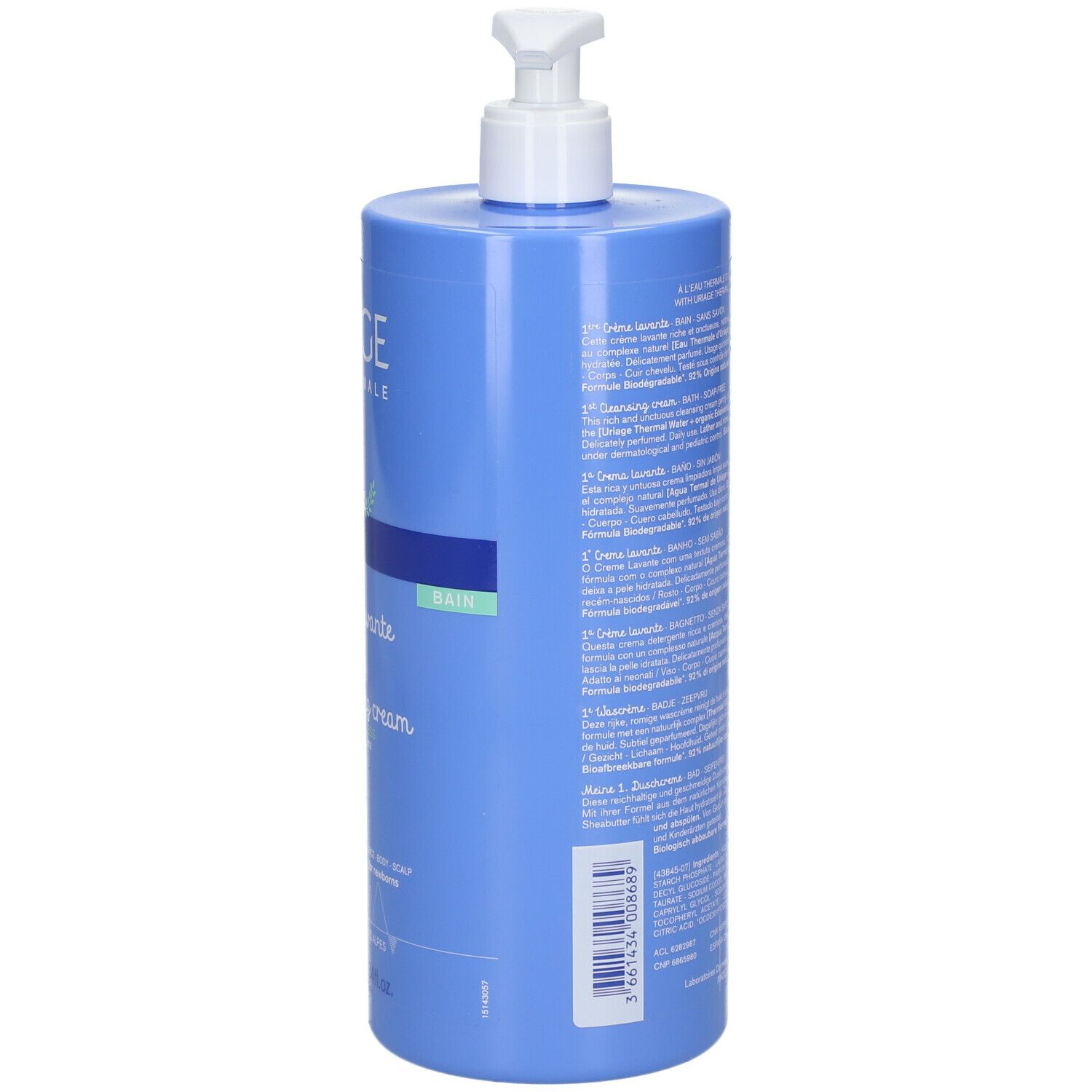 Rückseite der blauen Flasche. Textinformationen. URIAGE Eau Thermale Bébé 1ère Crème Lavante.