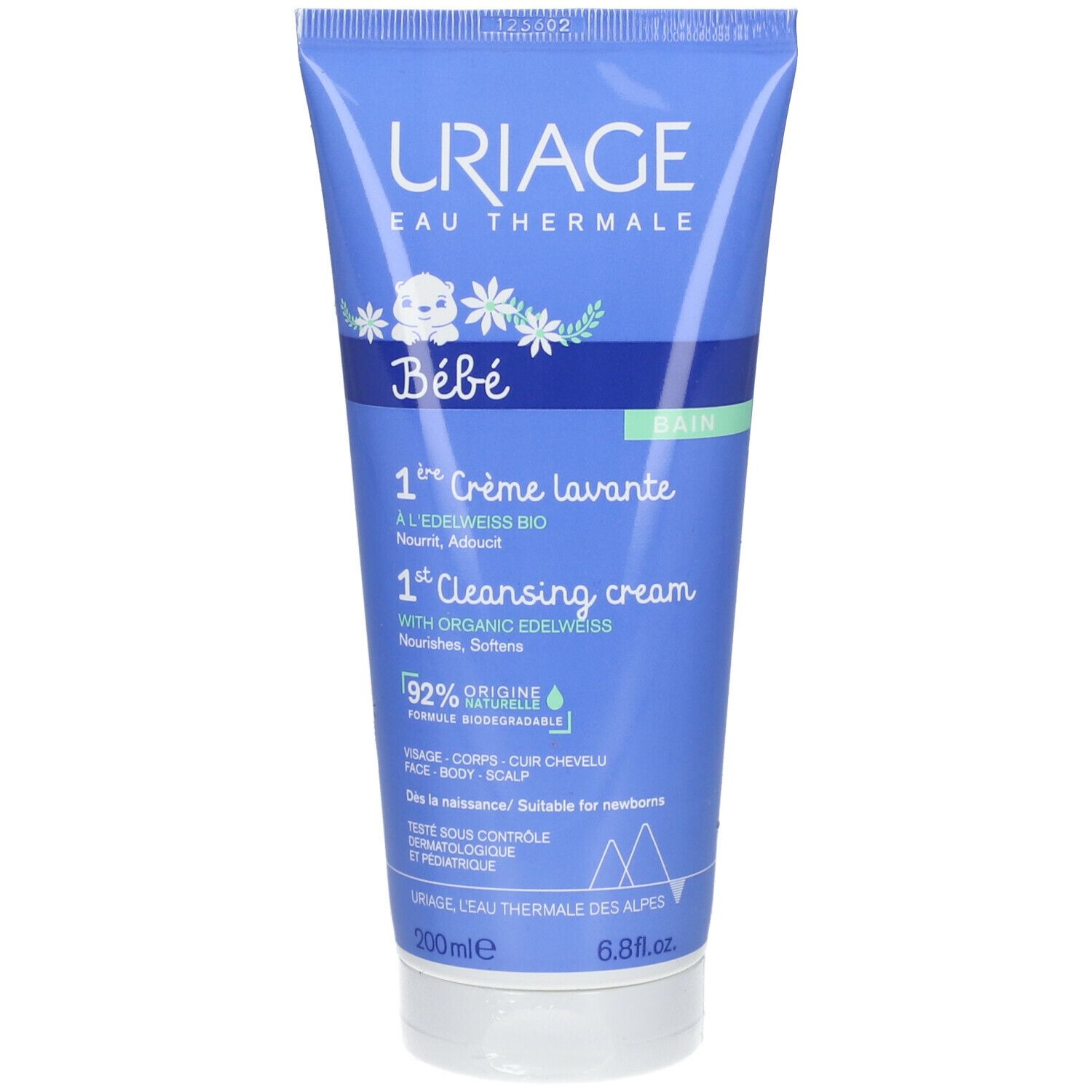 Blaue Tube mit Uriage Bébé 1ère Crème lavante. Text und Illustrationen. 200ml.