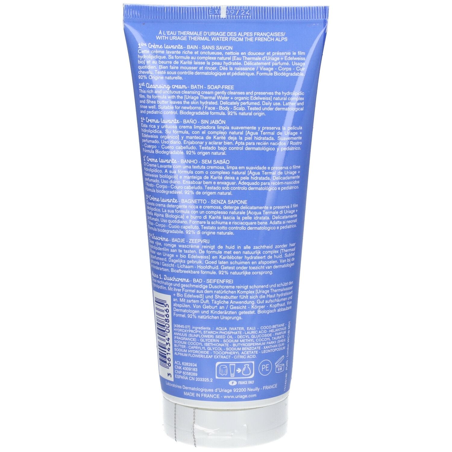 Rückseite der blauen Tube Uriage Bébé 1ère Crème lavante. Text in mehreren Sprachen.