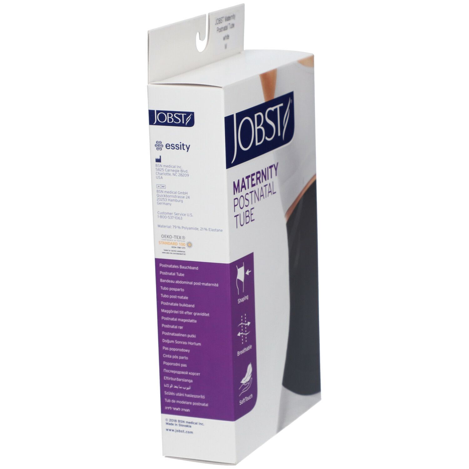 Verpackung der JOBST Maternity Postnatal Tube. Seitenansicht mit Produktinformationen und Logo. Schwarze Bandage, weißer Hintergrund.
