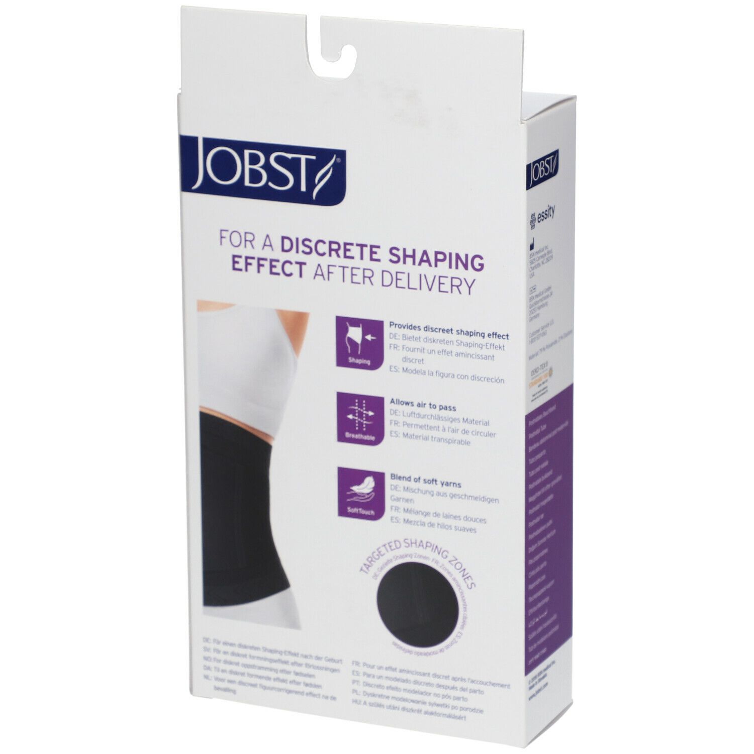Verpackung der JOBST Maternity Postnatal Tube. Rückseite mit Produktmerkmalen. Schwarze Bandage, weißer Hintergrund.