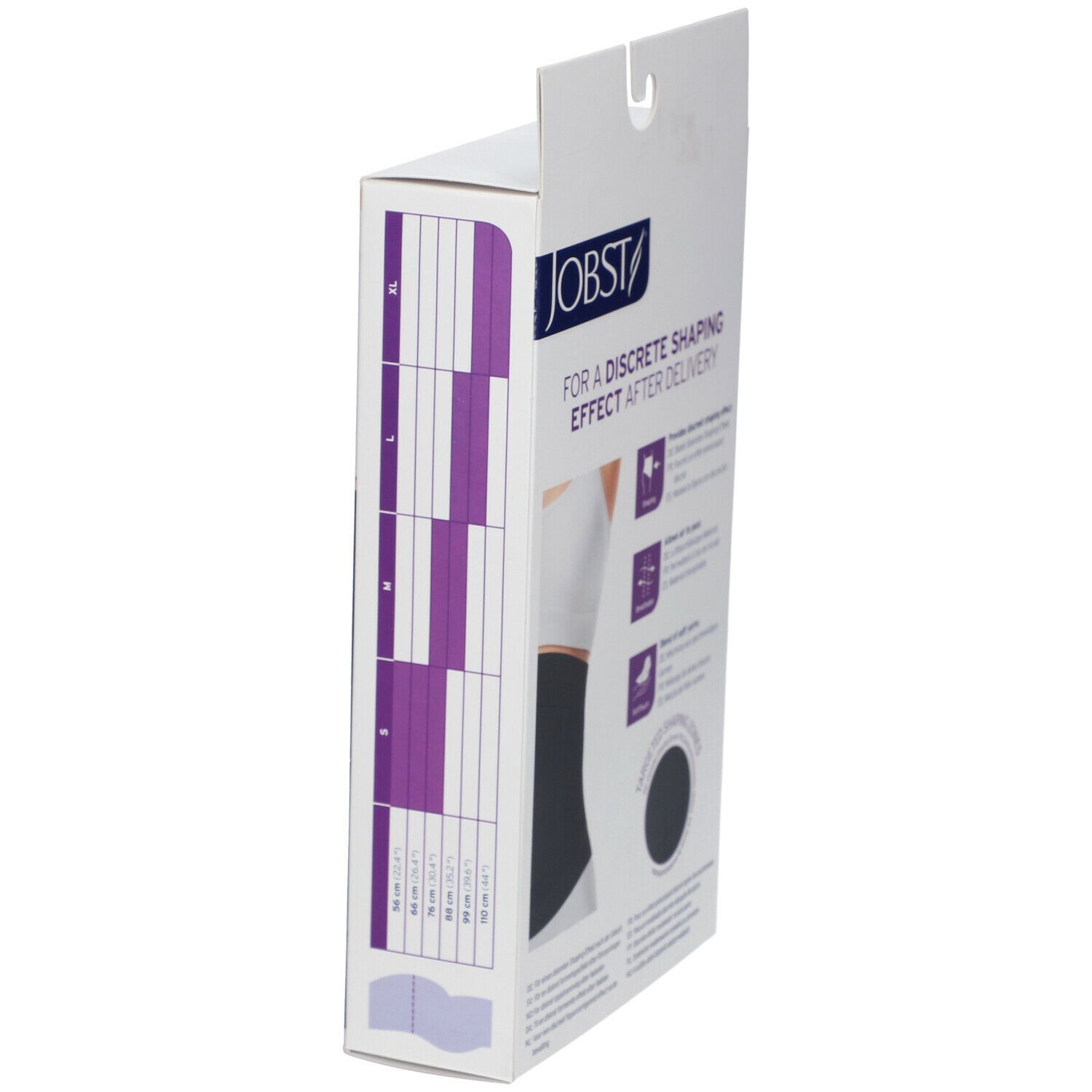 Verpackung der JOBST Maternity Postnatal Tube. Seitenansicht mit Größenangaben. Schwarze Bandage, weißer Hintergrund.