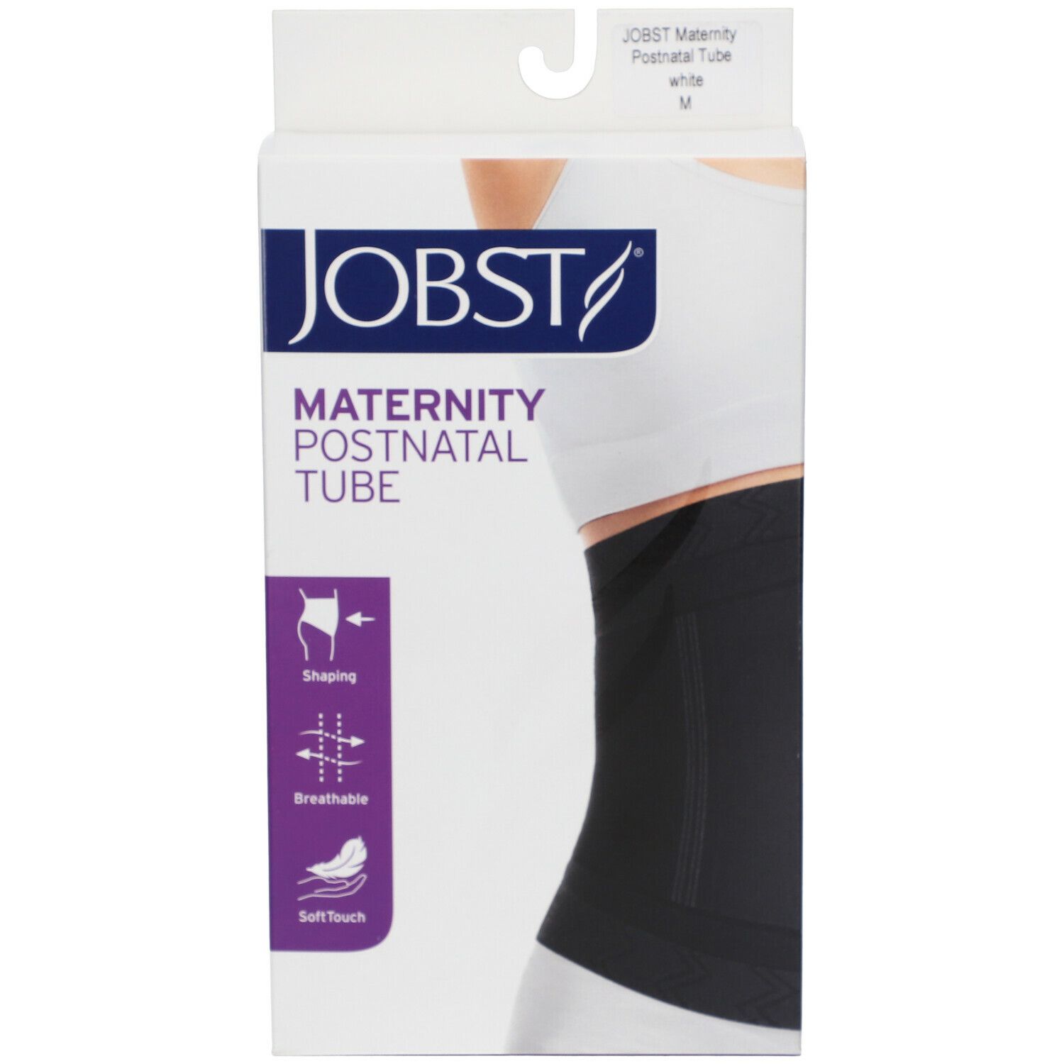 Verpackung der JOBST Maternity Postnatal Tube. Schwarze Bandage, weißer Hintergrund. Aufdrucke: Shaping, atmungsaktiv, Soft Touch.