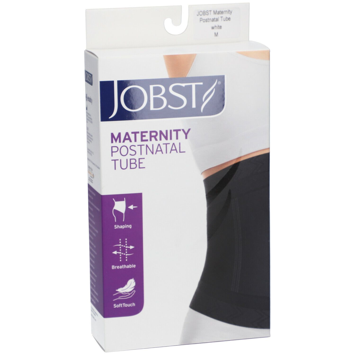 Verpackung der JOBST Maternity Postnatal Tube. Schwarze Bandage, weißer Hintergrund. Aufdrucke: Shaping, atmungsaktiv, Soft Touch.