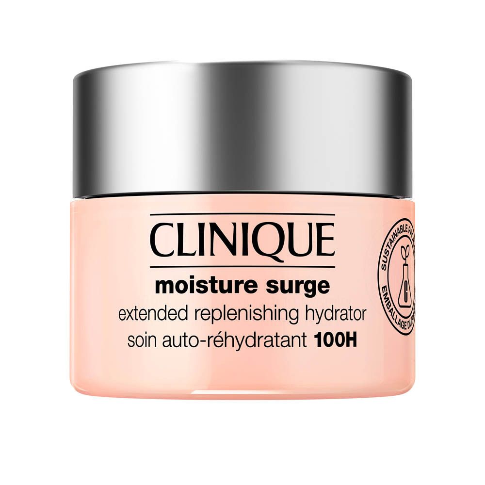 Clinique Moisture Surge Tiegel mit silbernem Deckel. Enthält 100H auto-replenishing hydrator.