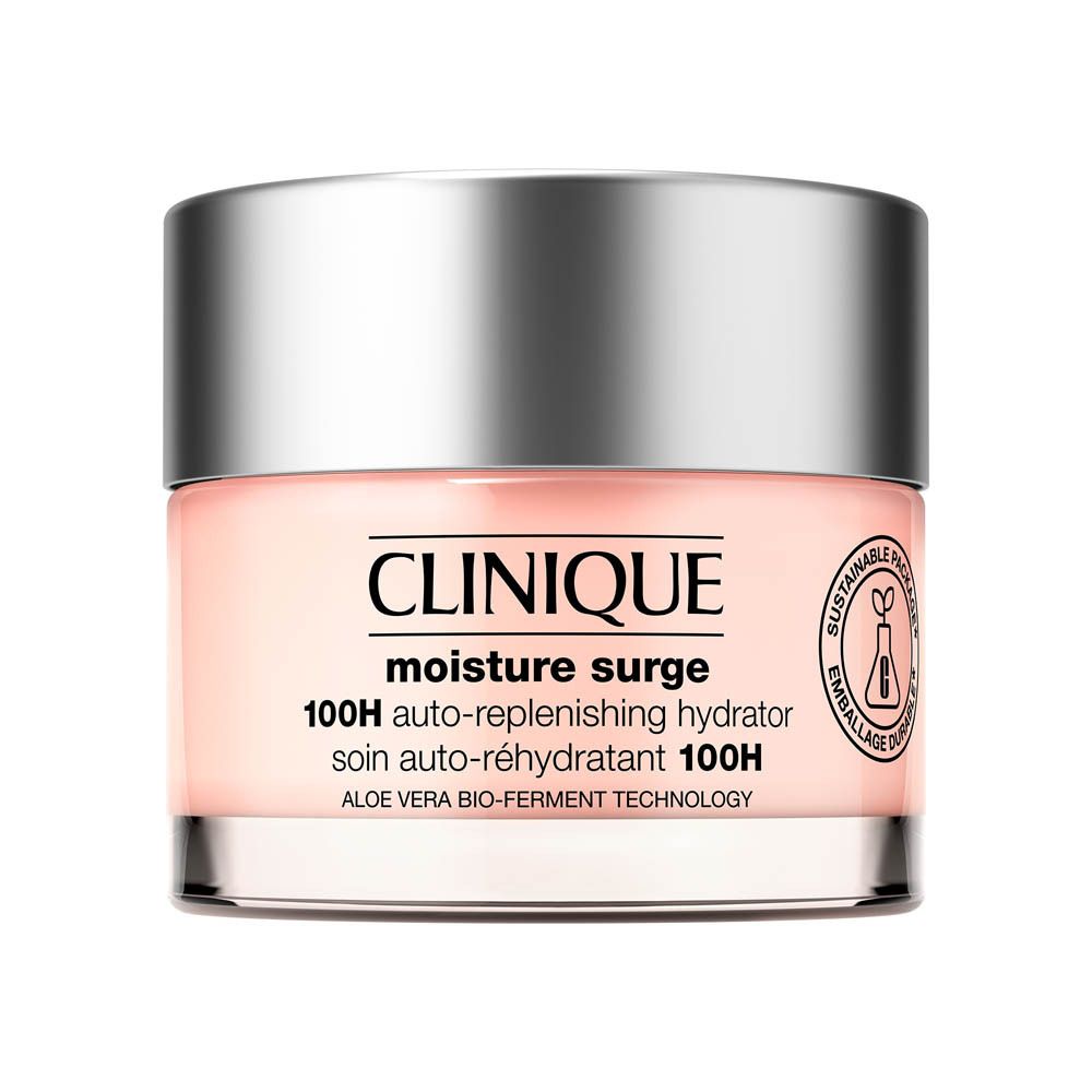Clinique Moisture Surge 100H Auto-Replenishing Hydrator in einem Glasbehälter mit silbernem Deckel.