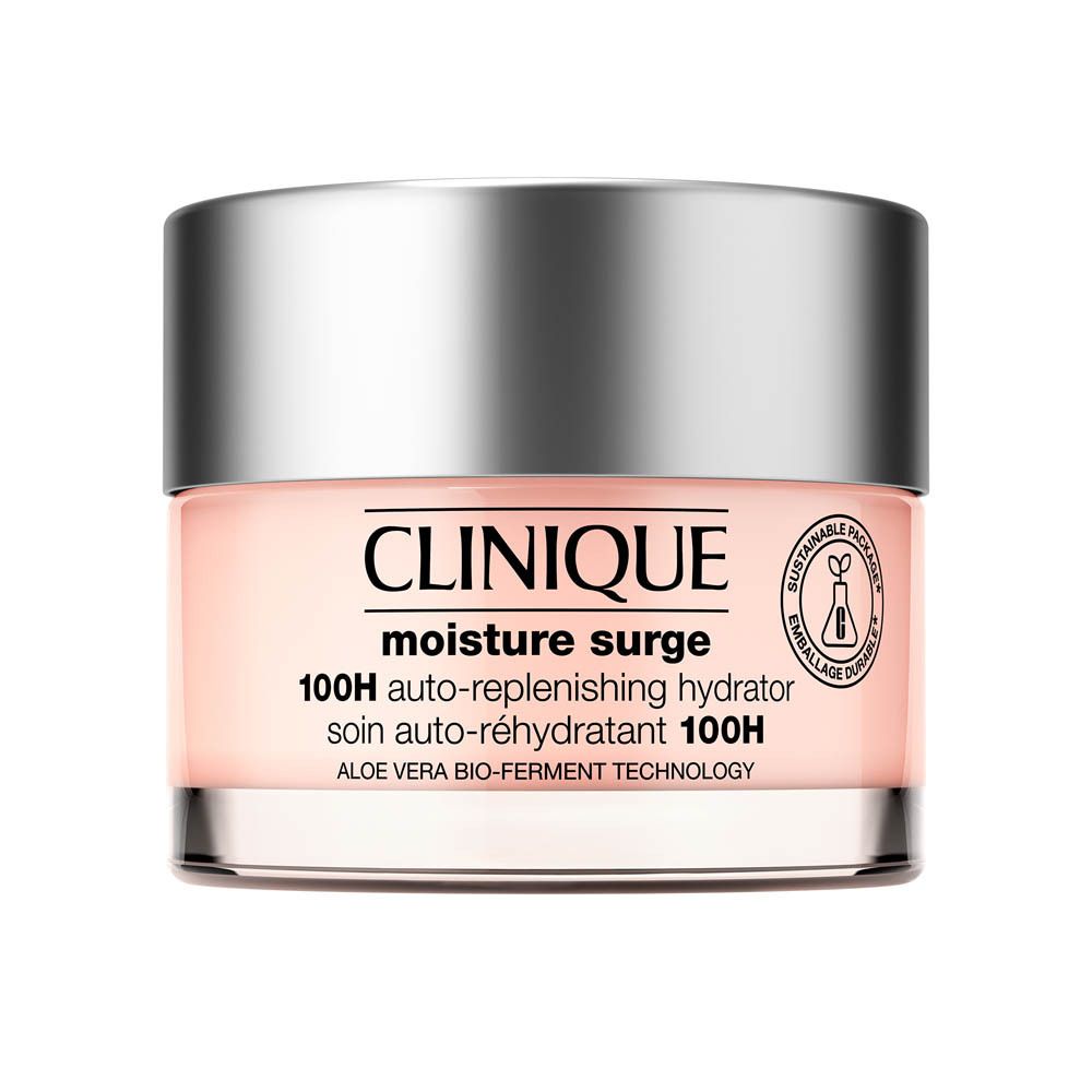 Clinique Moisture Surge 100H Auto-Replenishing Hydrator Tiegel mit silbernem Deckel.