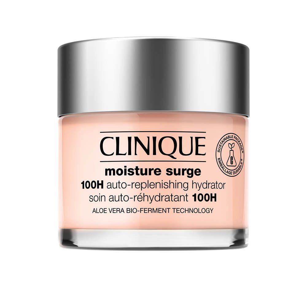 Clinique Moisture Surge 100H Auto-Replenishing Hydrator in einem Glasbehälter mit silbernem Deckel.