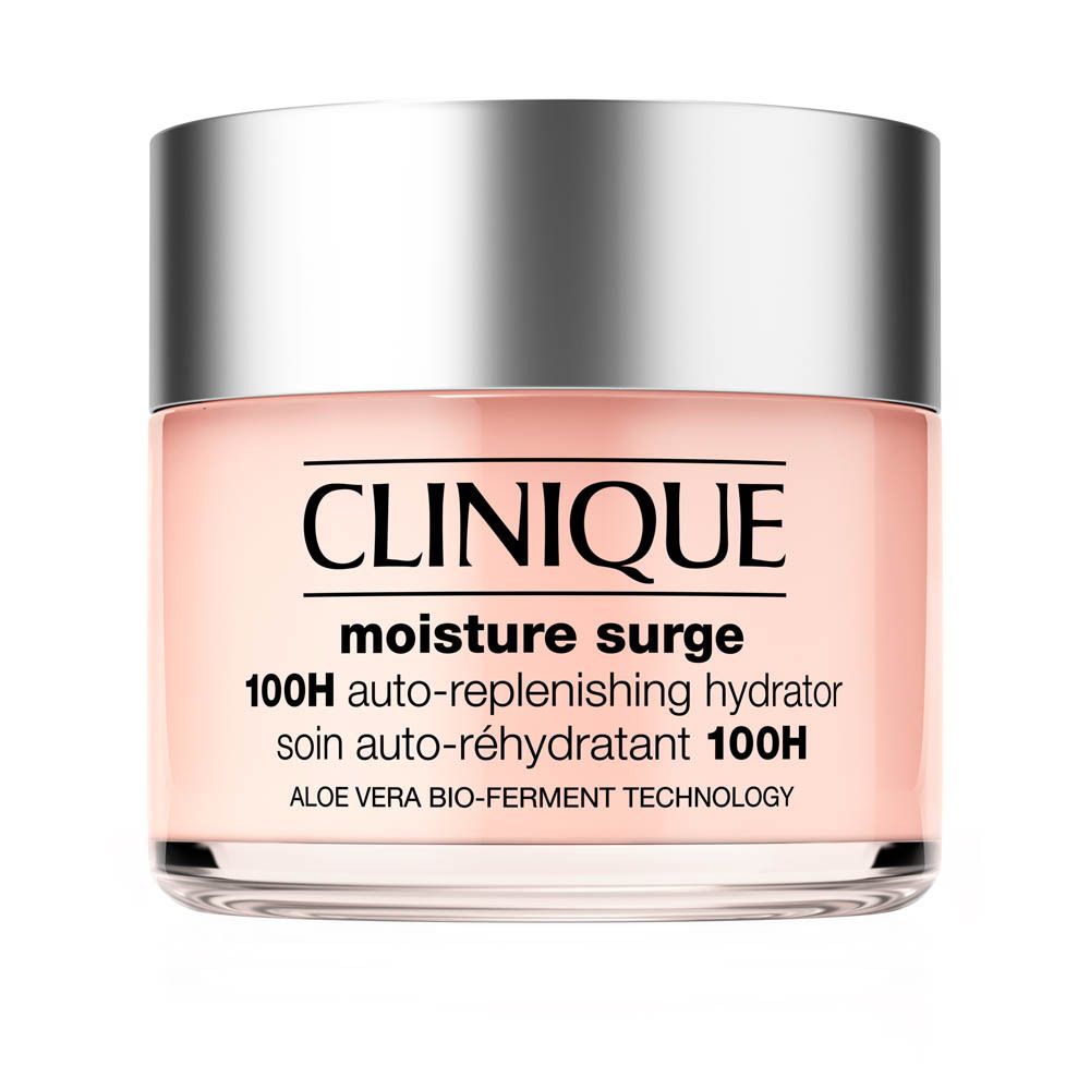 Clinique Moisture Surge 100H Feuchtigkeitscreme in einem rosa Glasbehälter mit silbernem Deckel.