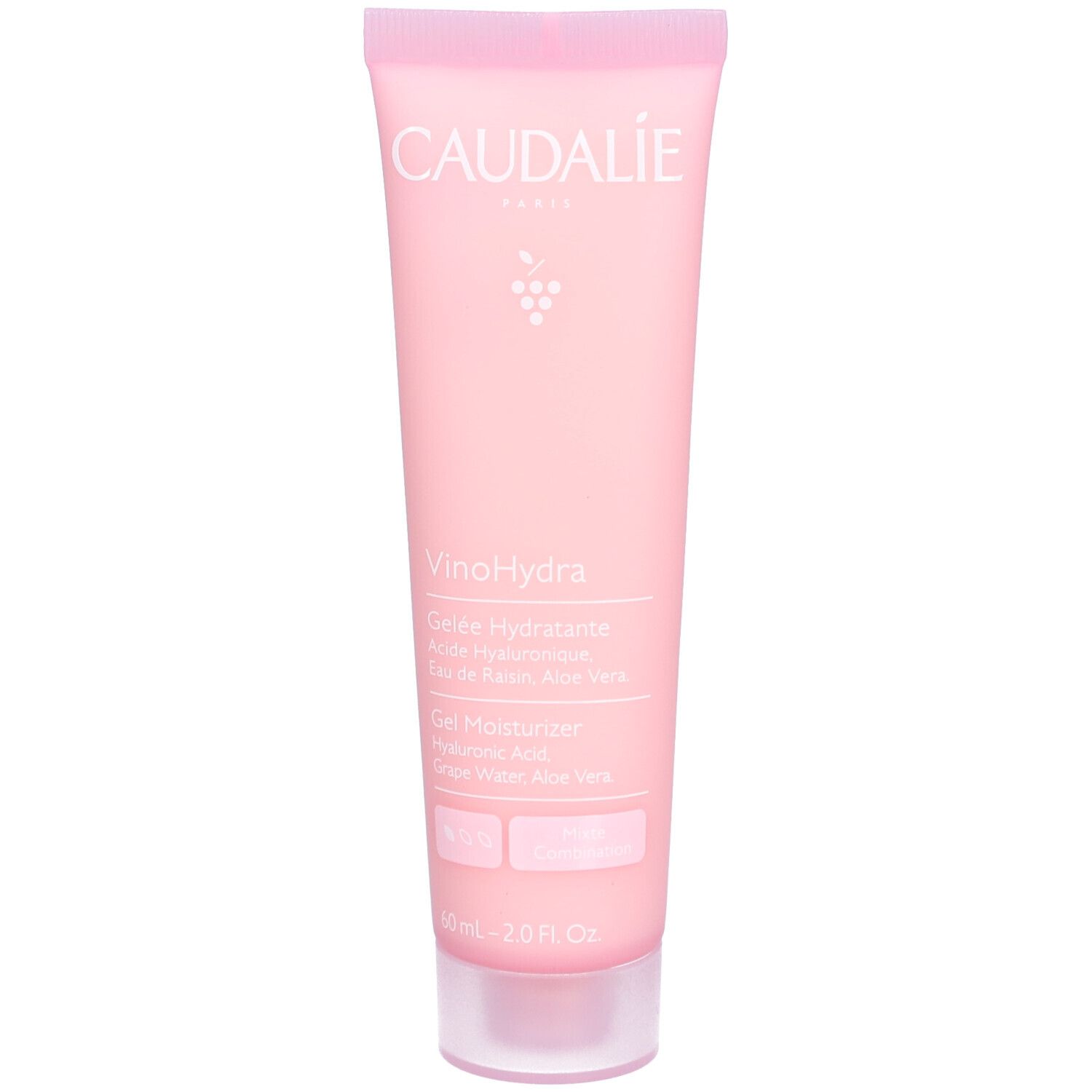 Rosa Tube mit Caudalie-Logo und Produktbezeichnung VinoHydra. Enthält Traubenwasser und Hyaluronsäure.