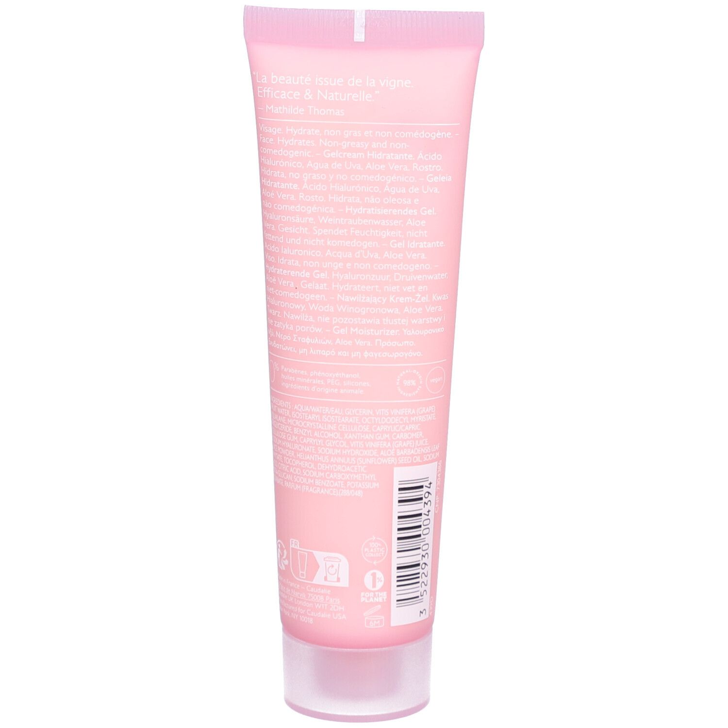 Rückseite der rosa Caudalie VinoHydra Tube. Text mit Inhaltsstoffen und Informationen. Mit Recycling-Symbolen.
