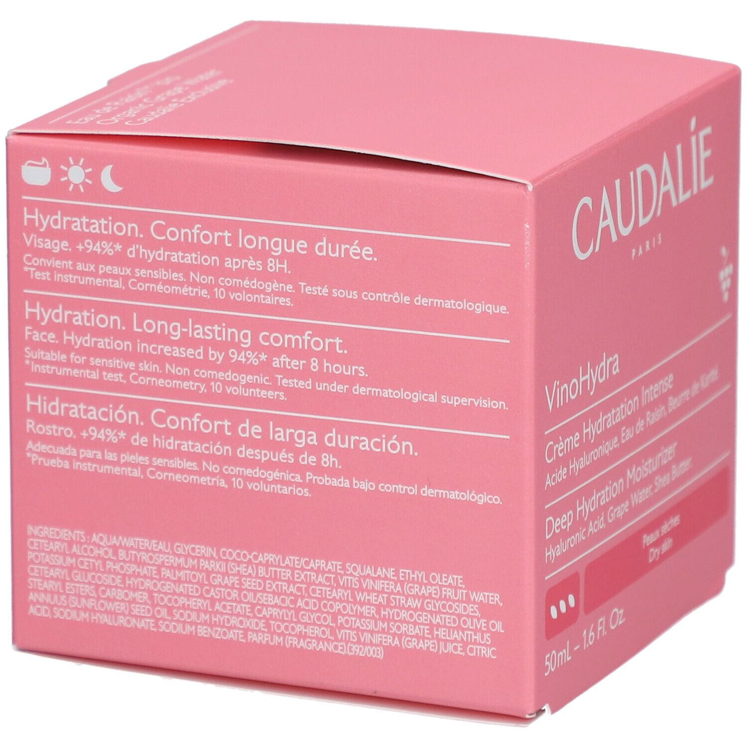 Rosa Caudalie-Verpackung. Text: Hydratation. Confort longue durée. Gesicht. 94%+ Hydratation nach 8h. 50ml - 1.6 Fl. Oz.