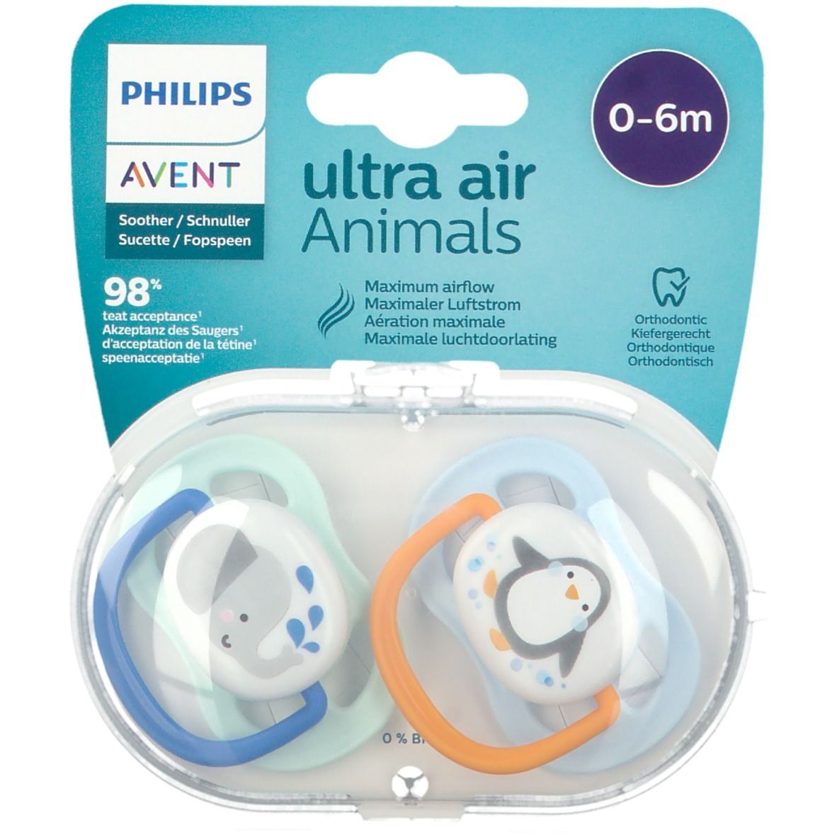 PHILIPS Avent Schnuller, 0-6 Monate, zwei Stück in transparenter Verpackung. Blaue und orangefarbene Halterungen, Tierdesigns.