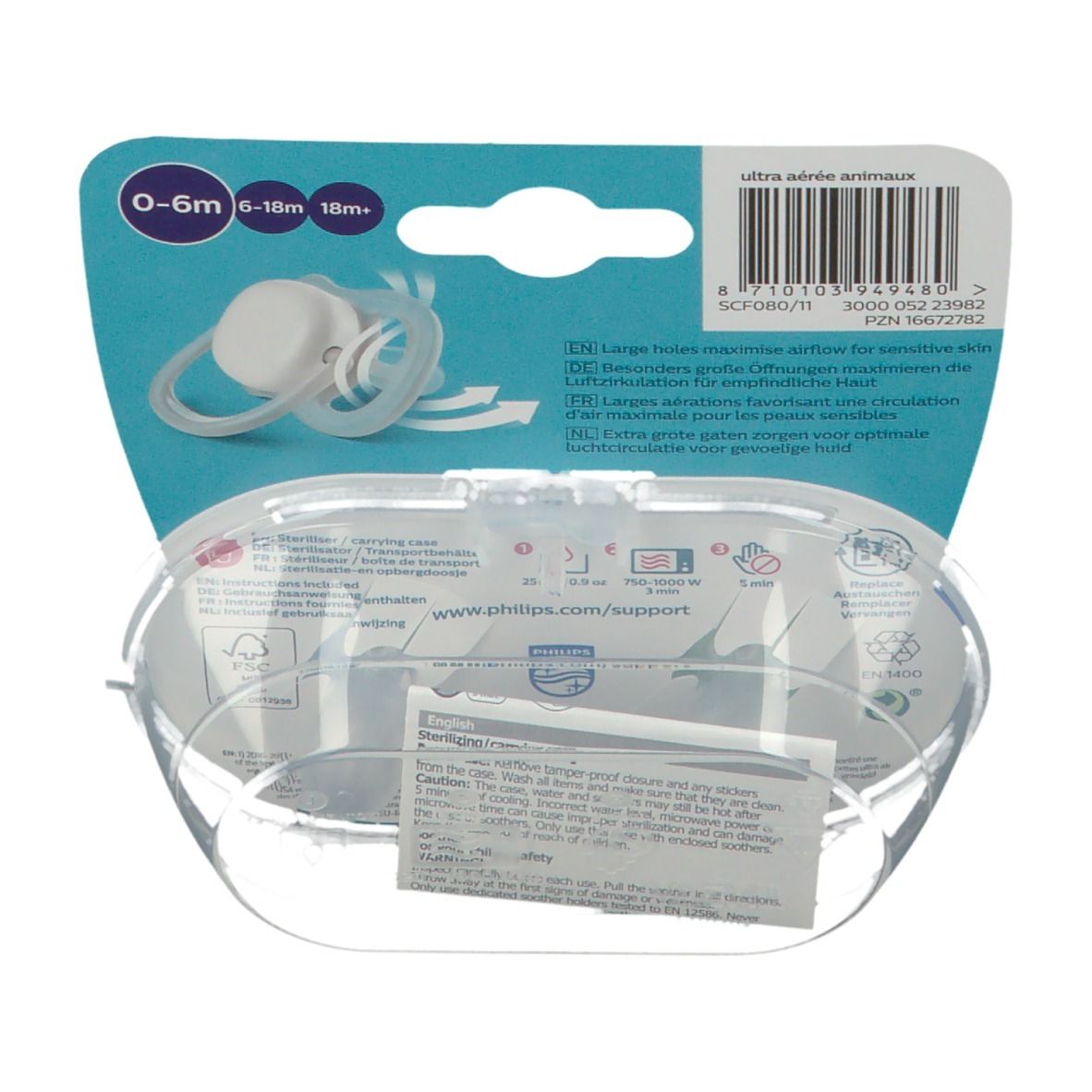 Rückseite der Verpackung mit Schnuller, 0-6 Monate. Transparente Aufbewahrungsbox, Produktinformationen und Barcode.