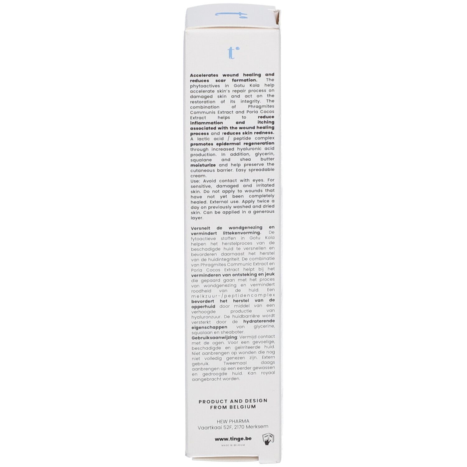 Tinge Advanced Skin Repair & Soothing Cream Tube und Faltschachtel. Niederländische Beschriftung.