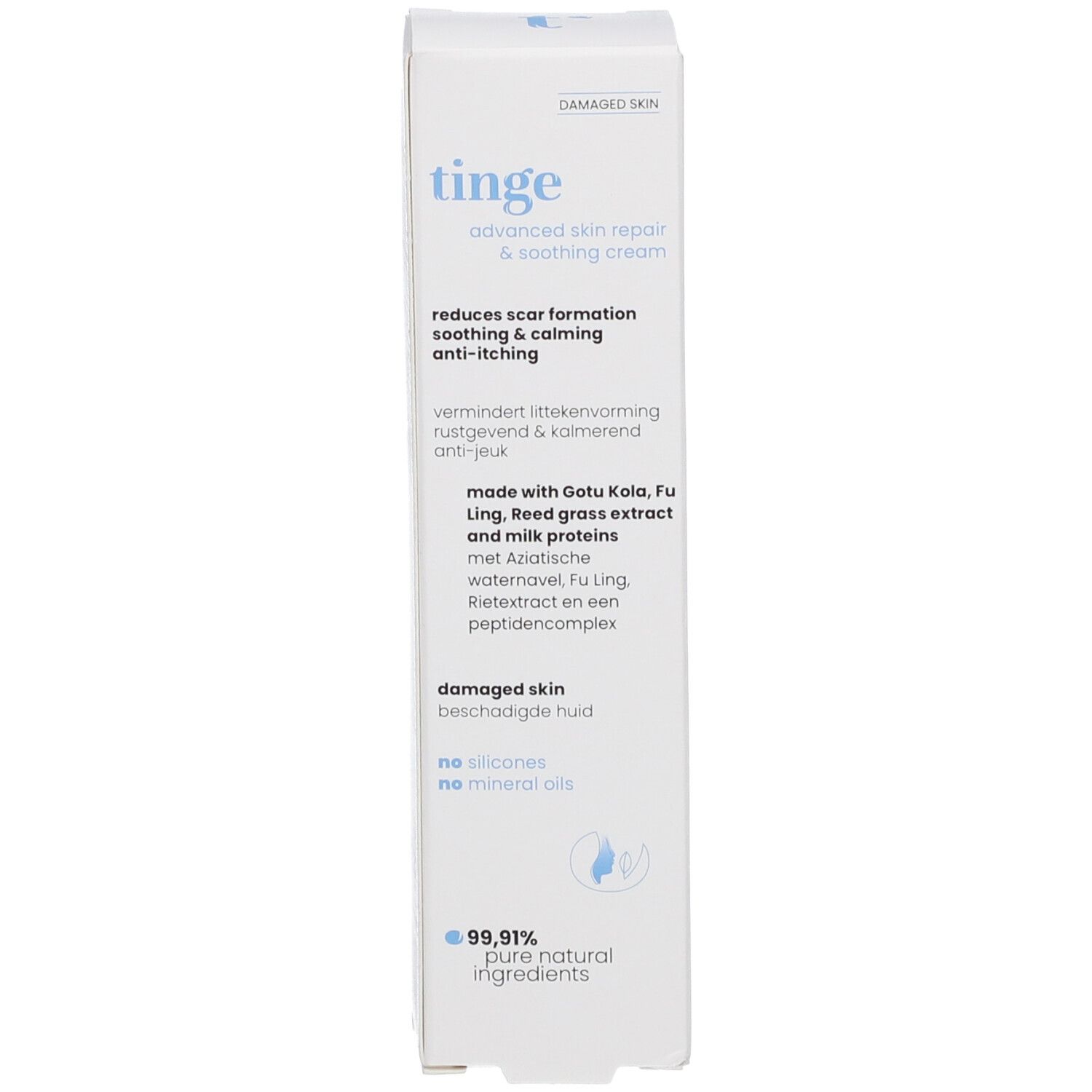 Faltschachtel Tinge Advanced Skin Repair & Soothing Cream. Niederländische Beschriftung.